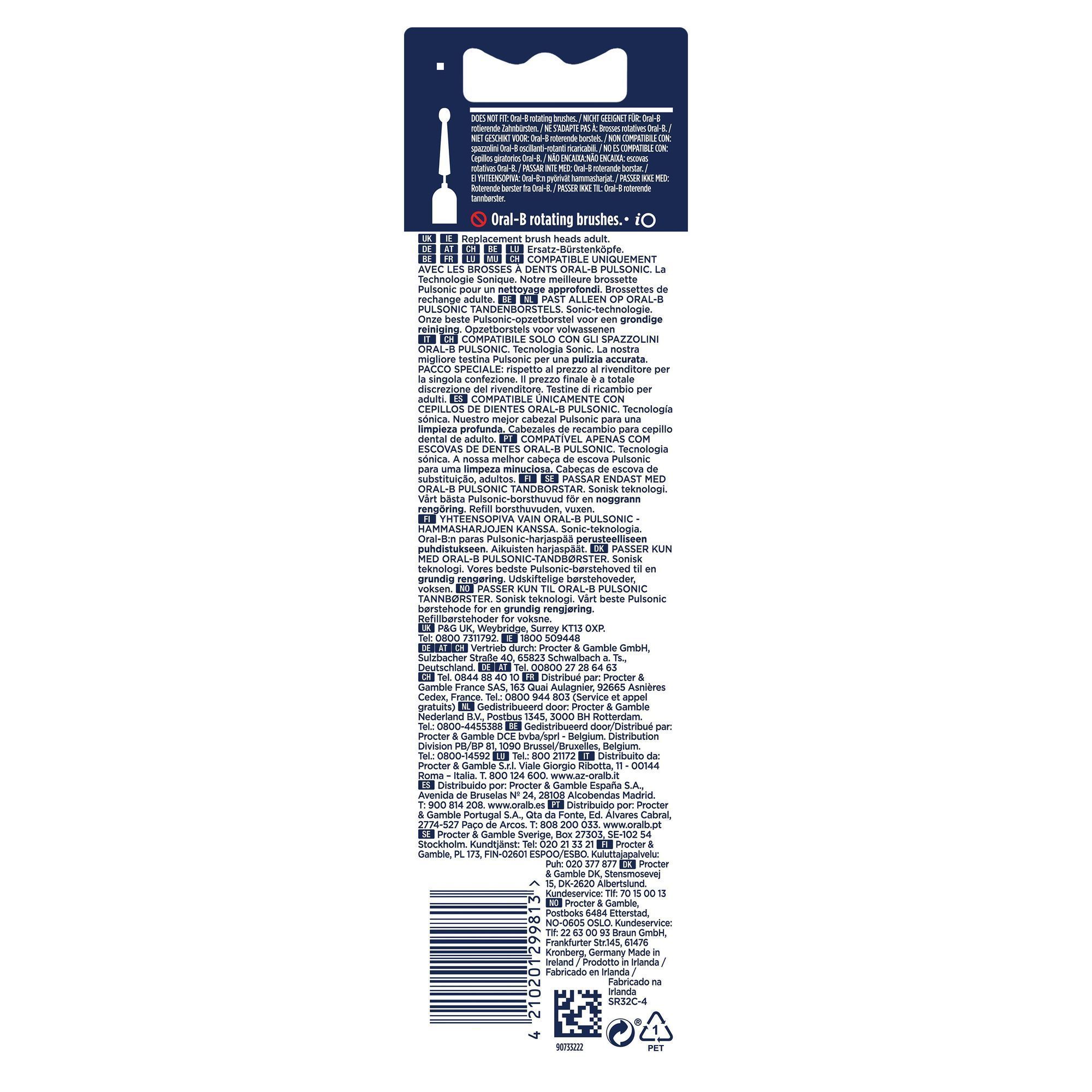 Oral-B Aufsteckbürstenverpackung mit dem Hinweis, dass die Bürstenköpfe NUR mit Oral-B Pulsonic Zahnbürsten kompatibel sind.