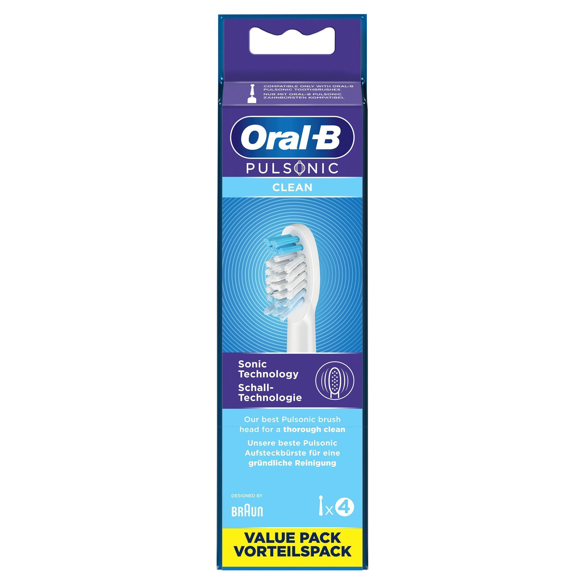 Oral-B Pulsonic Clean Aufsteckbürsten, 4er-Packung, mit dem Hinweis "Unsere beste Pulsonic Aufsteckbürste für eine gründliche Reinigung".