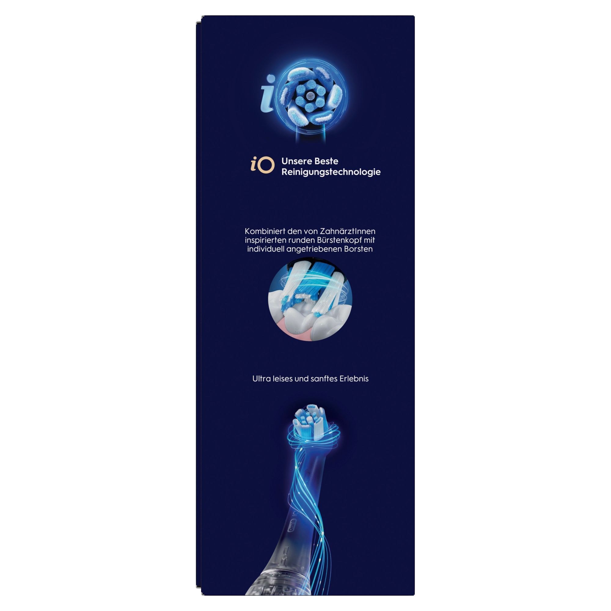 Oral-B iO Zahnbürstenverpackung, die die "Unsere Beste Reinigungstechnologie" hervorhebt und einen von Zahnärzten inspirierten runden Bürstenkopf zeigt.