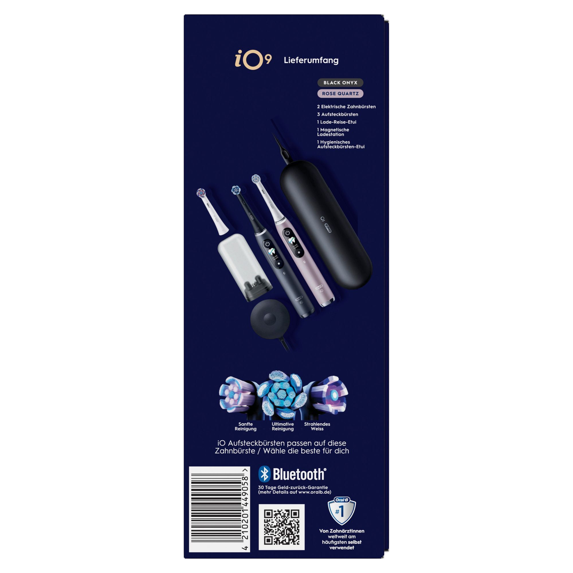 Oral-B iO9 Verpackung, die den Lieferumfang mit zwei elektrischen Zahnbürsten und drei Aufsteckbürsten zeigt.