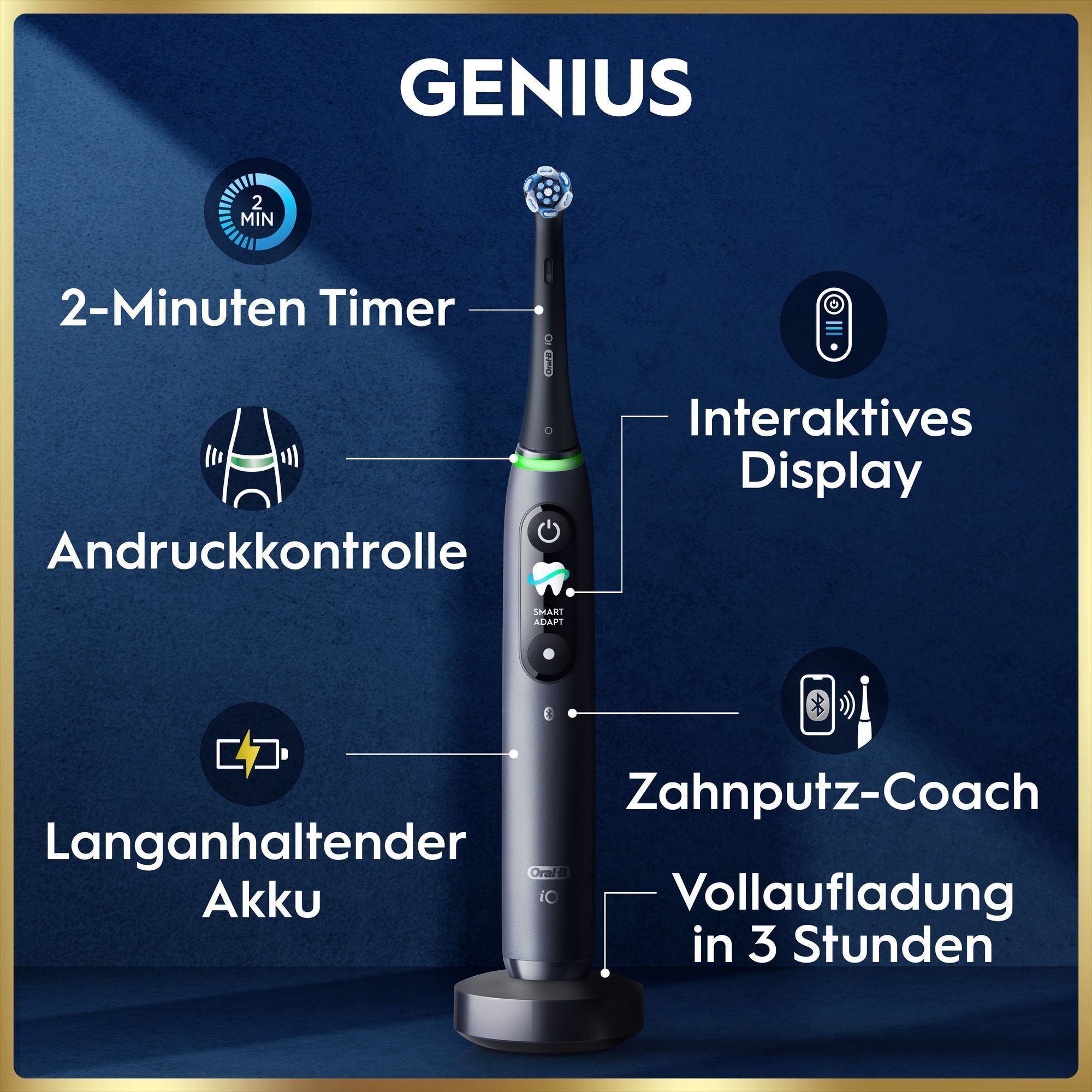 Elektrische Zahnbürste "GENIUS" mit Timer, Druckkontrolle, Akku und interaktivem Display.