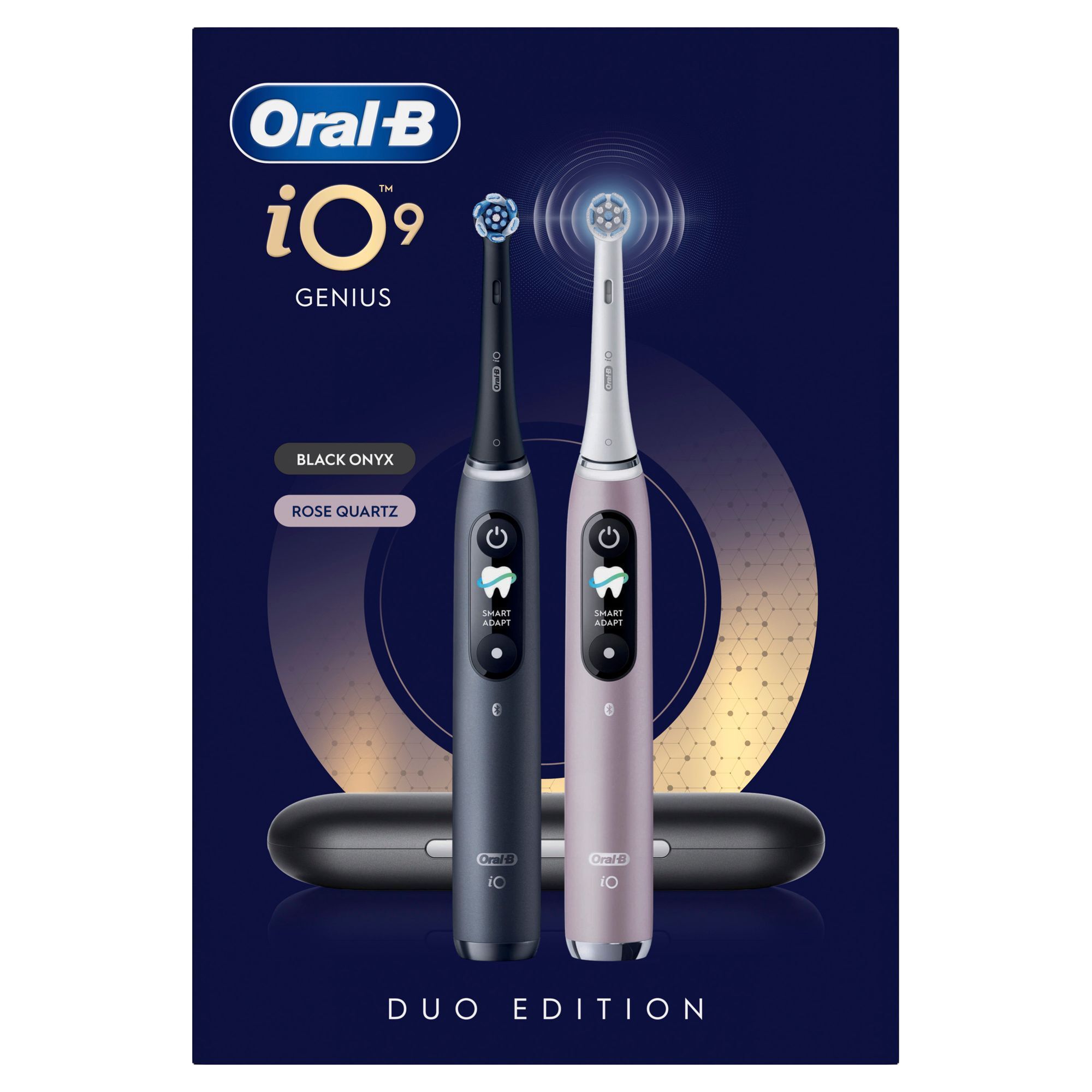 Oral-B iO9 Genius Duo Edition Zahnbürsten in Schwarz Onyx und Rose Quartz mit intelligenter Andruckkontrolle (Smart Adapt).