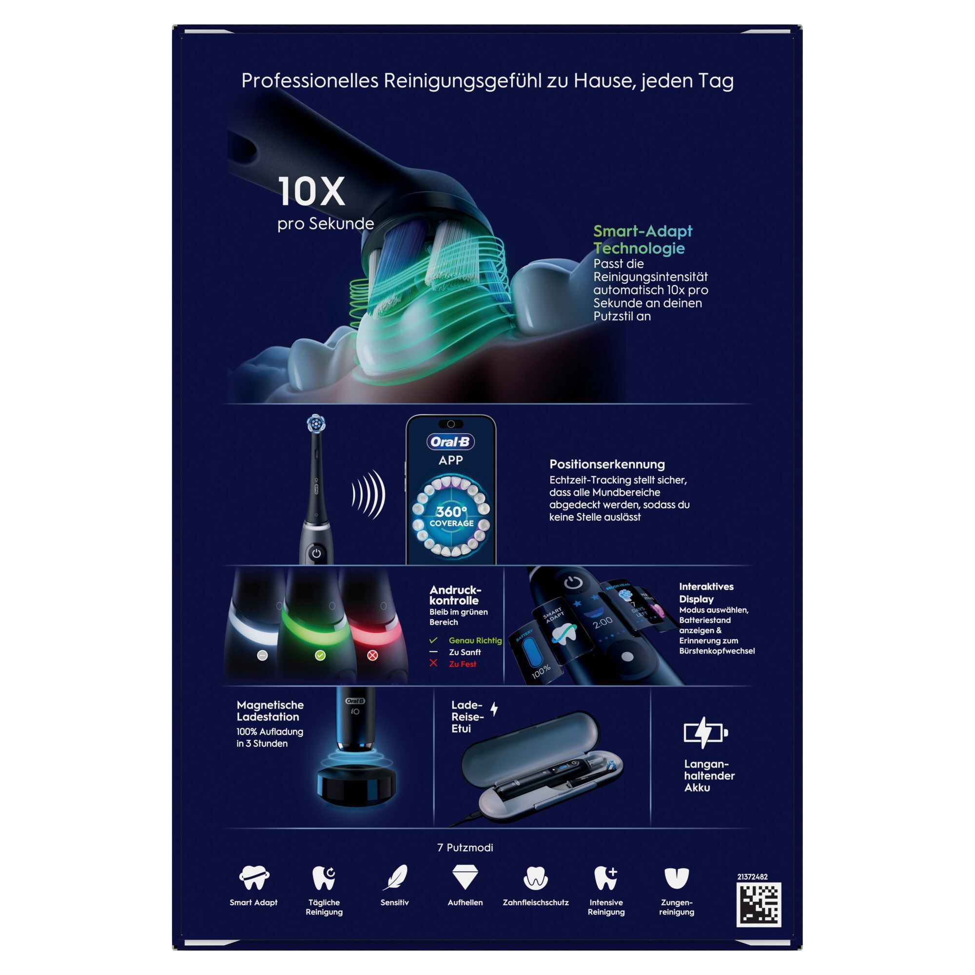 Oral-B iO Zahnbürste mit Smart-Adapt-Technologie, die die Reinigungsintensität automatisch 10x pro Sekunde an deinen Putzstil anpasst.