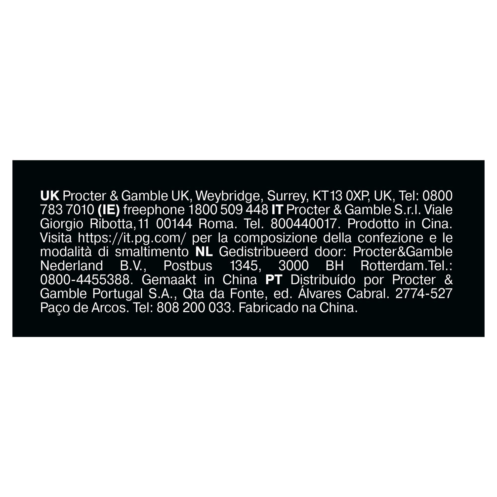Braun Produktverpackung mit Kontaktinformationen für Procter & Gamble in verschiedenen europäischen Ländern und dem Hinweis "Hergestellt in China".