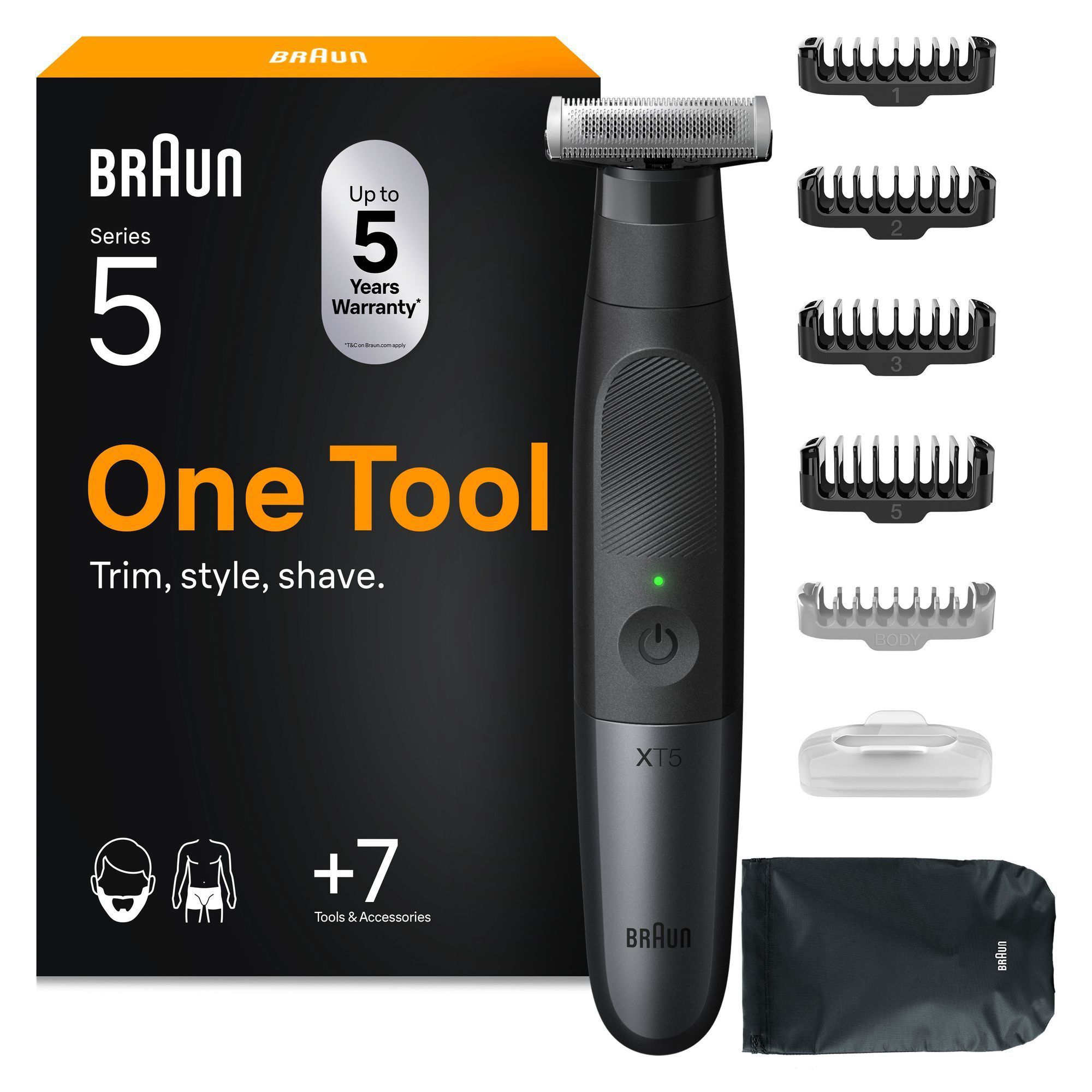 Braun Series XT5 Trimmer mit Verpackung und verschiedenen Aufsätzen zum Trimmen, Stylen und Rasieren.
