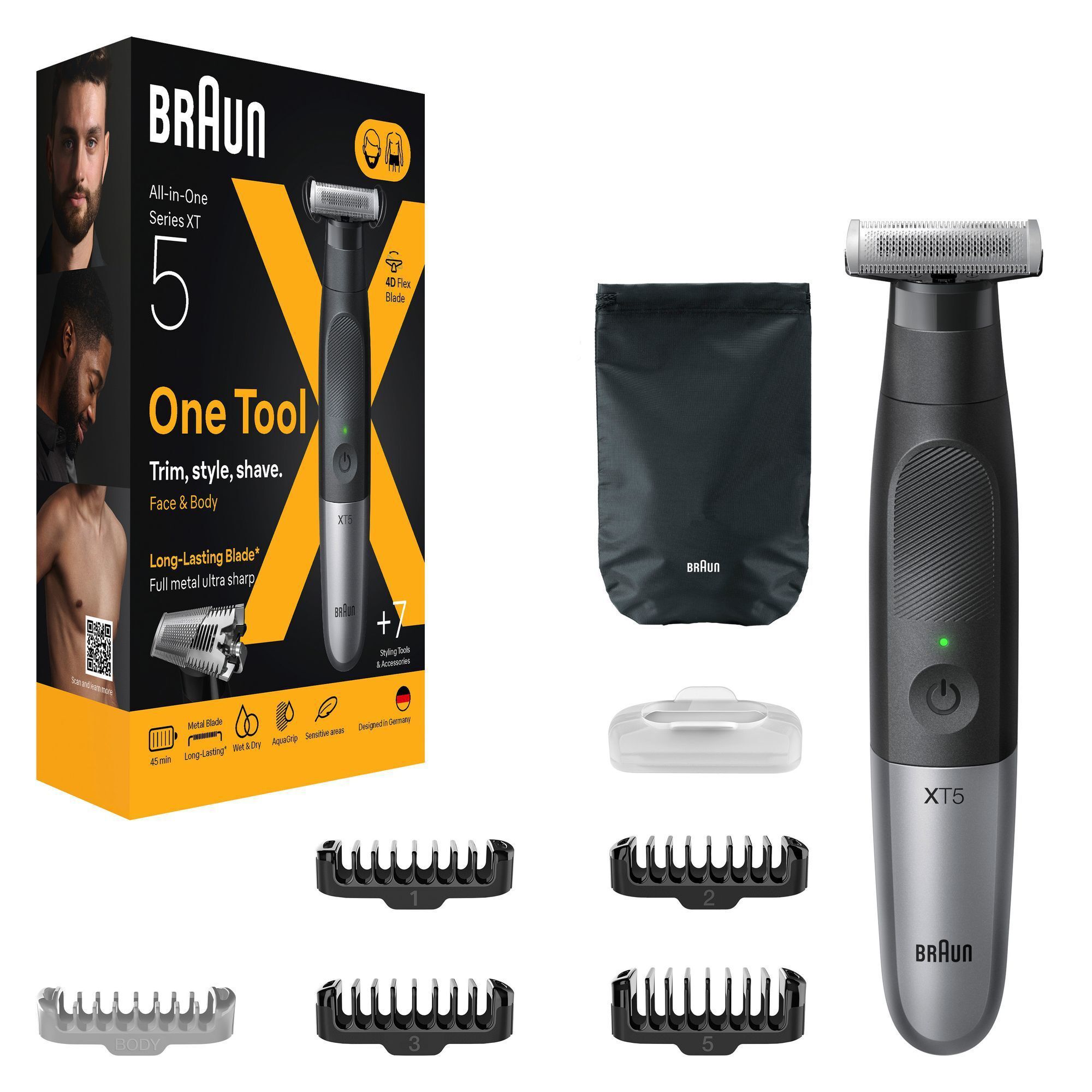 Braun Series XT5 Trimmer mit Verpackung und den +7 Styling Tools & Accessoires.