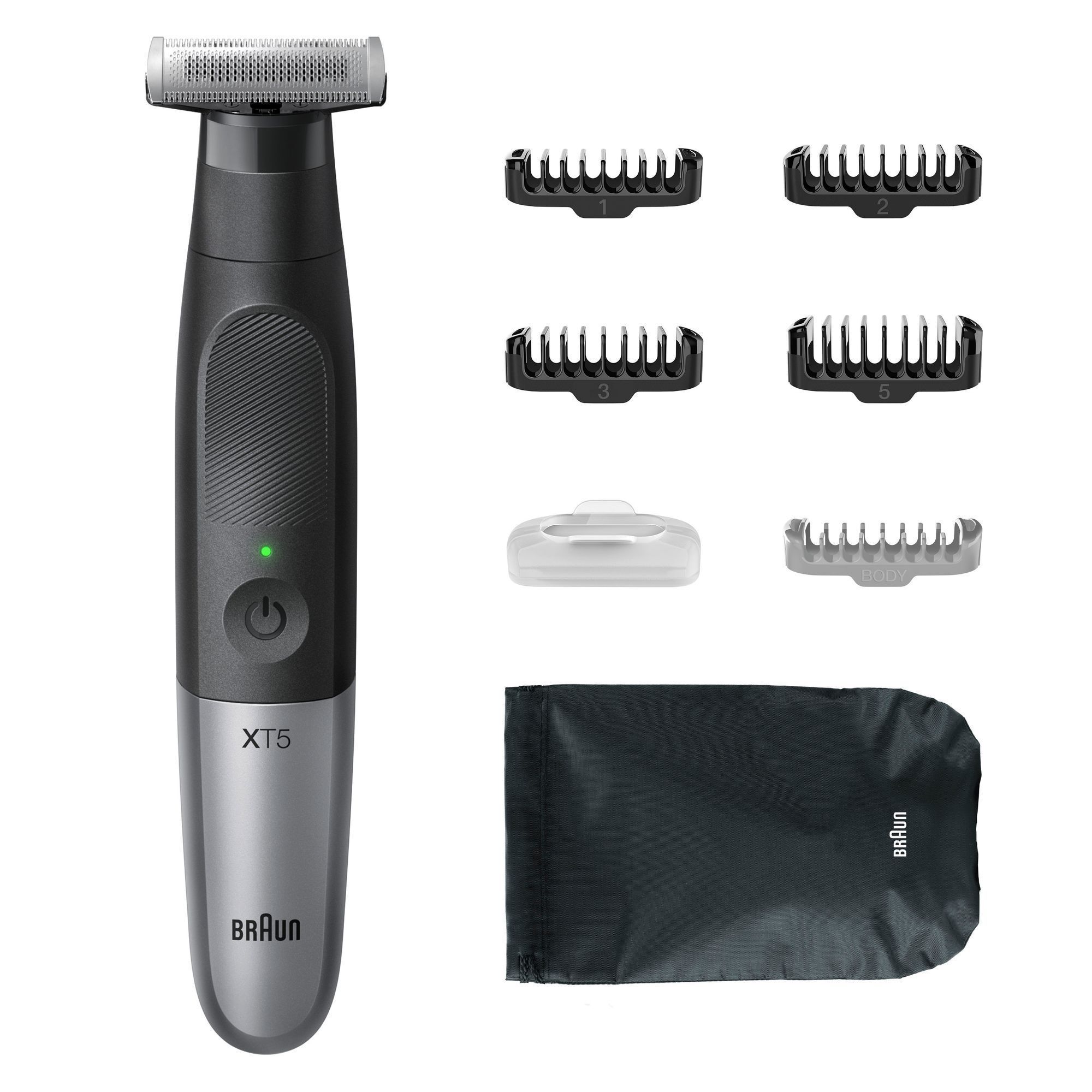 Braun Series XT5 Trimmer mit verschiedenen Aufsätzen und Aufbewahrungsbeutel.