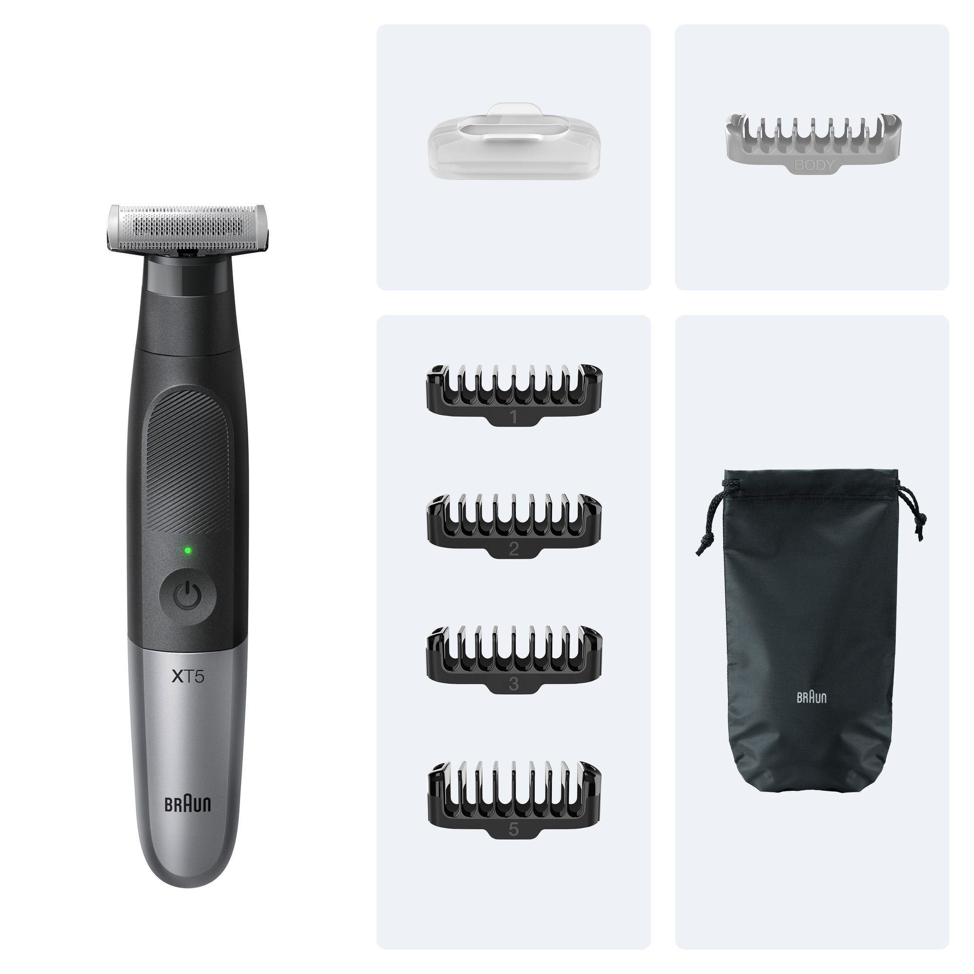 Braun XT5 Rasierer mit Schutzkappe, 5 Kammaufsätzen und Aufbewahrungsbeutel.
