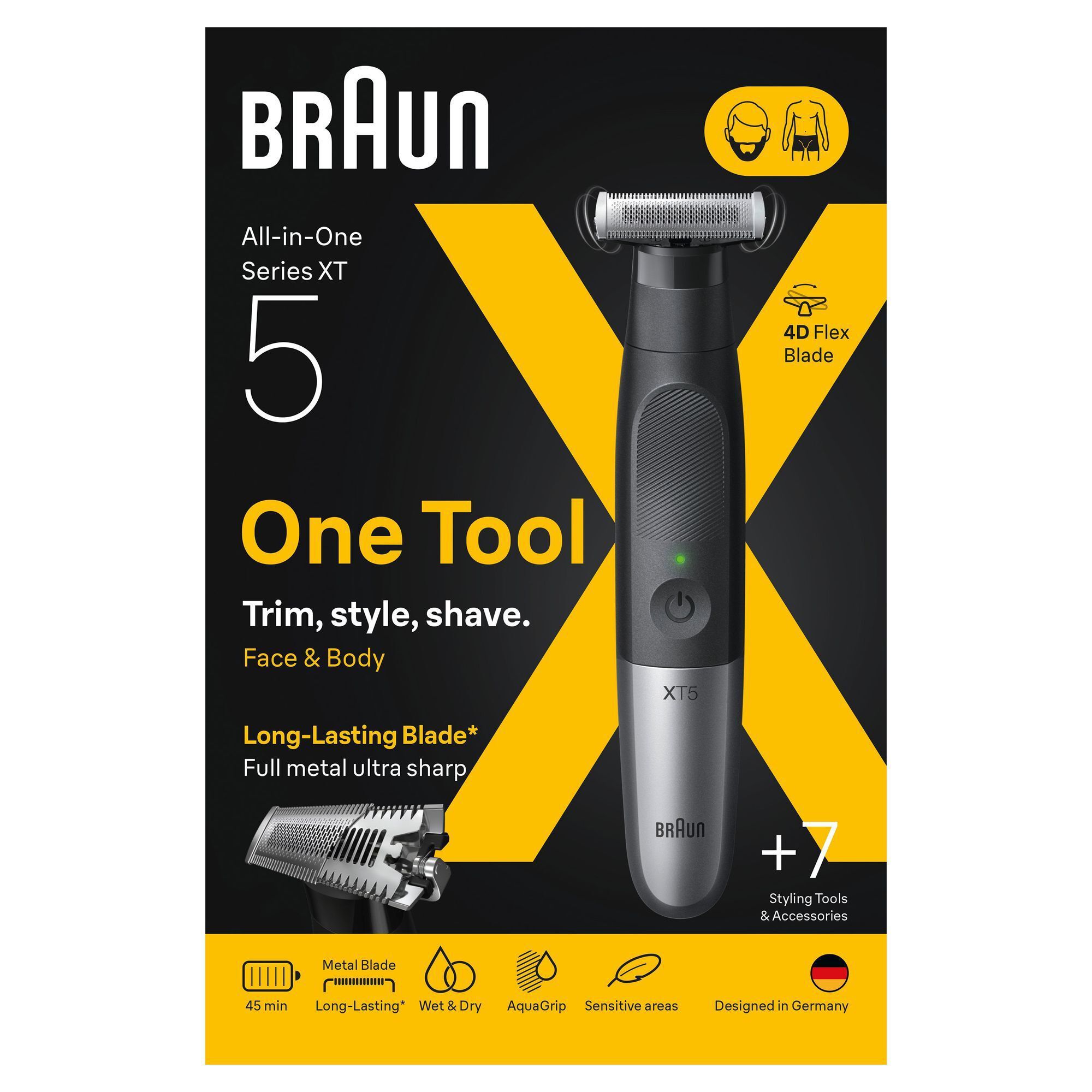Braun All-in-One Series XT5 Verpackung, die die 4D Flex Blade und +7 Styling Tools & Accessories hervorhebt.