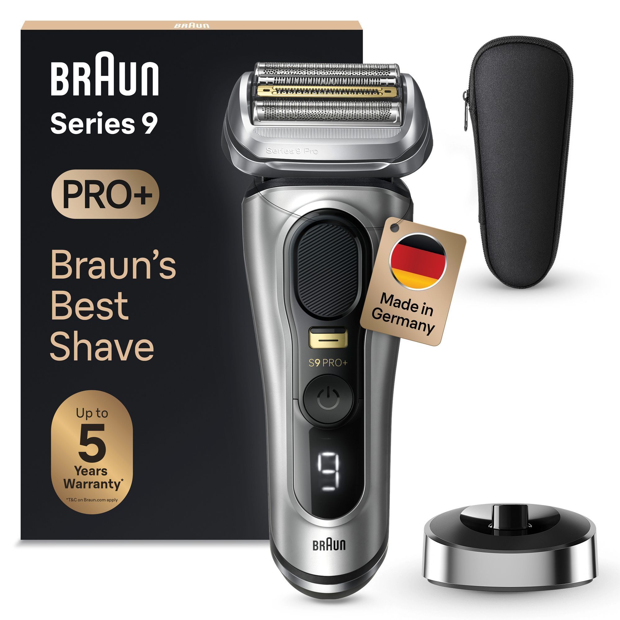 Braun Series 9 Pro+ Rasierer mit Verpackung und Zubehör, hervorgehoben wird die 5-Jahres-Garantie.