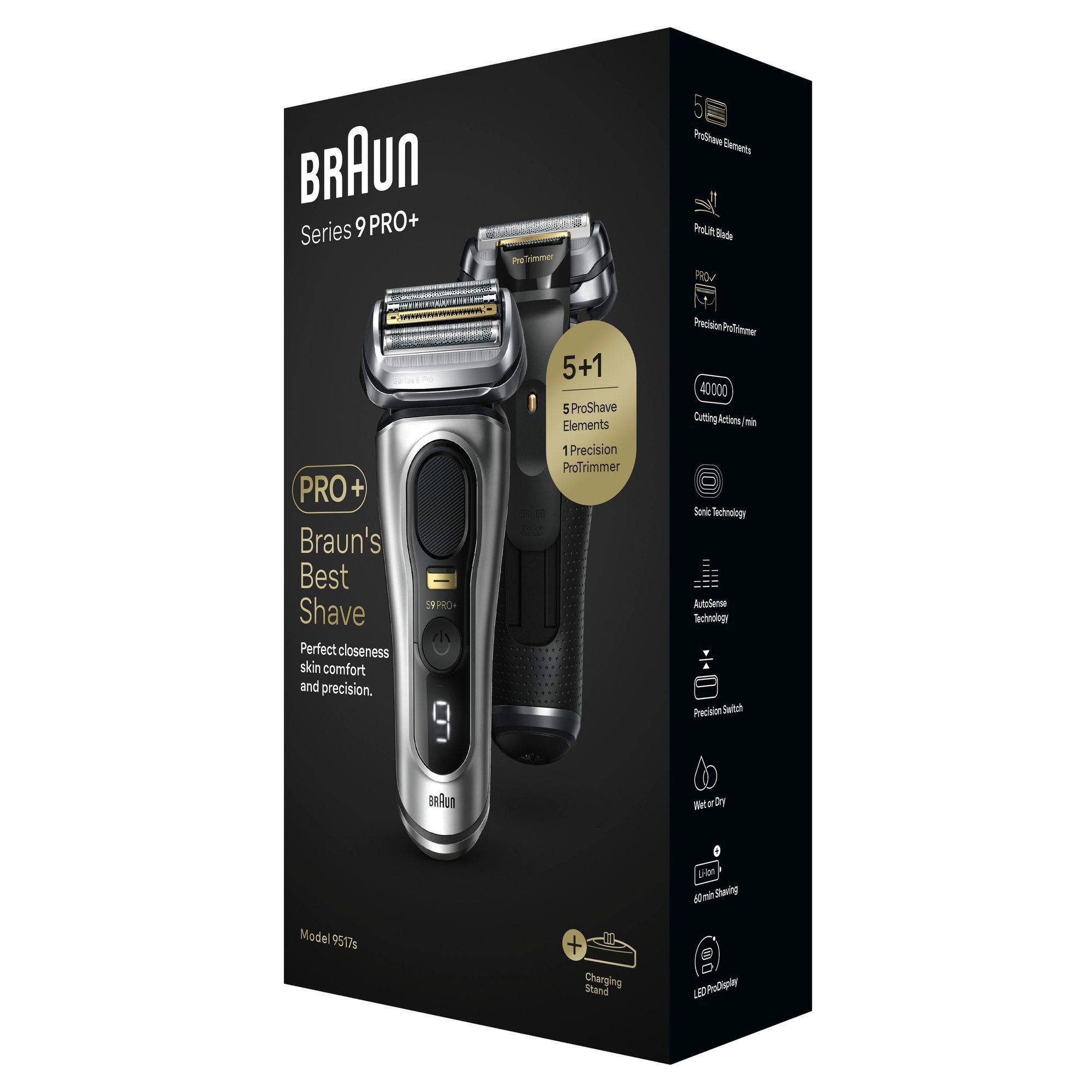 Braun Series 9 PRO+ Rasierer, Verpackung mit dem Hinweis auf 5 ProShave Elemente und 1 Präzisions-ProTrimmer.