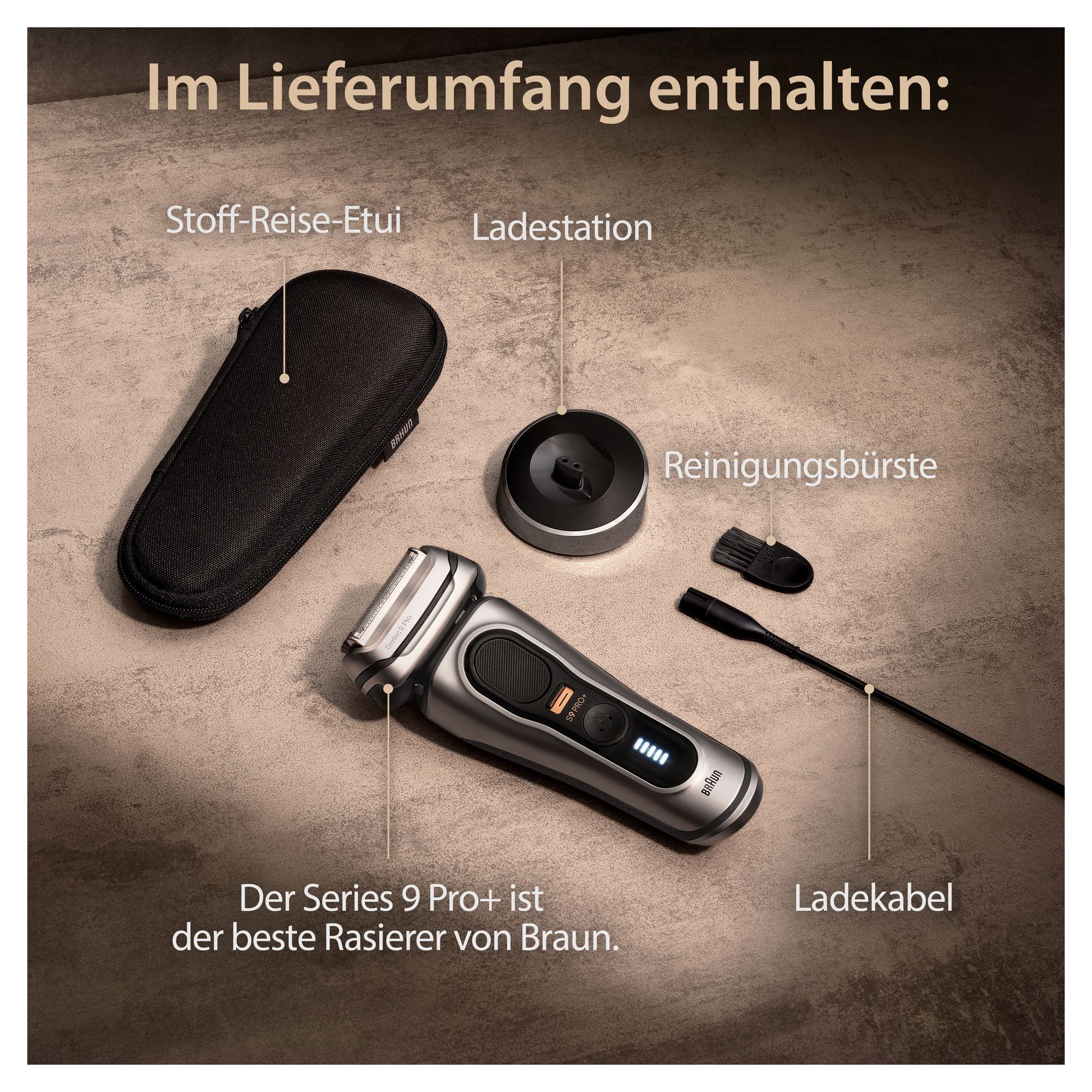 Braun Series 9 Pro+ Rasierer mit Stoff-Reise-Etui, Ladestation, Reinigungsbürste und Ladekabel im Lieferumfang enthalten.