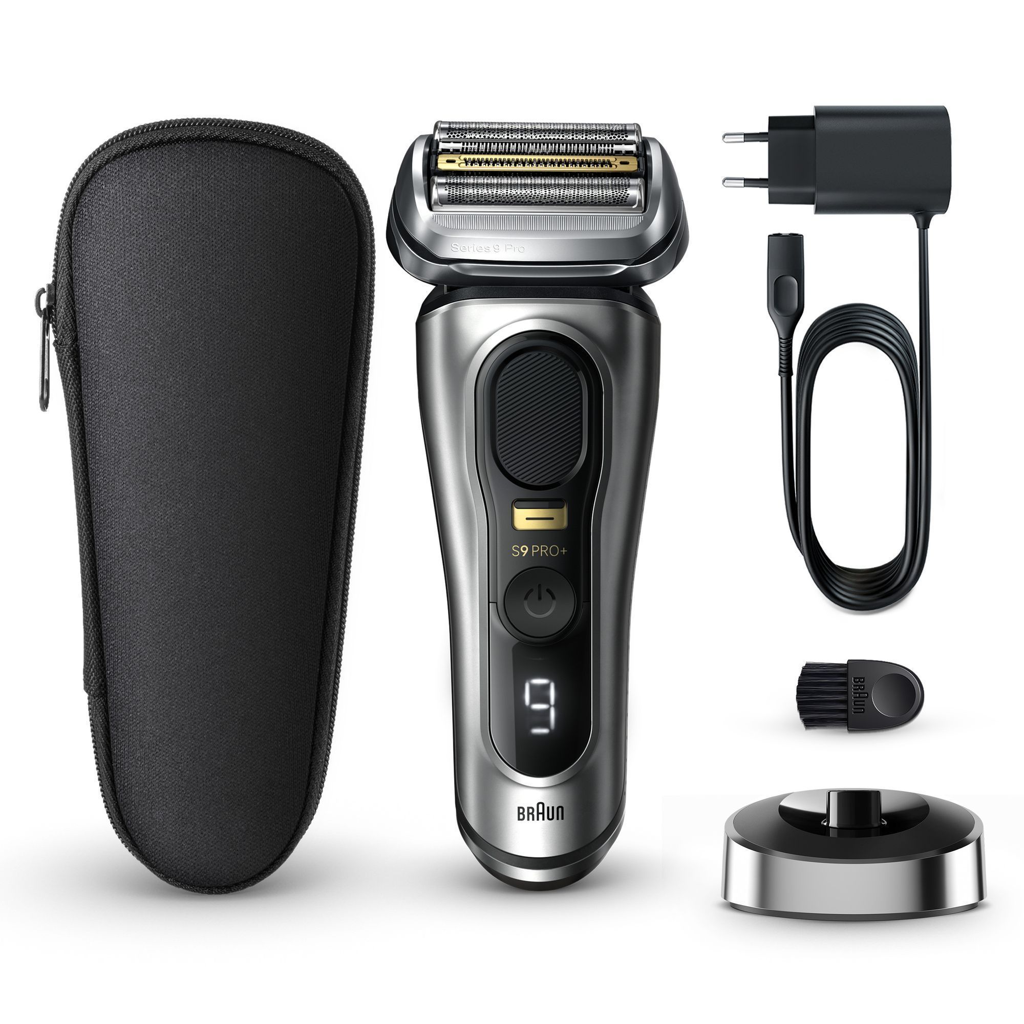 Braun Series 9 Pro+ Rasierer mit Reiseetui, Ladestation, Reinigungsbürste und Ladekabel.