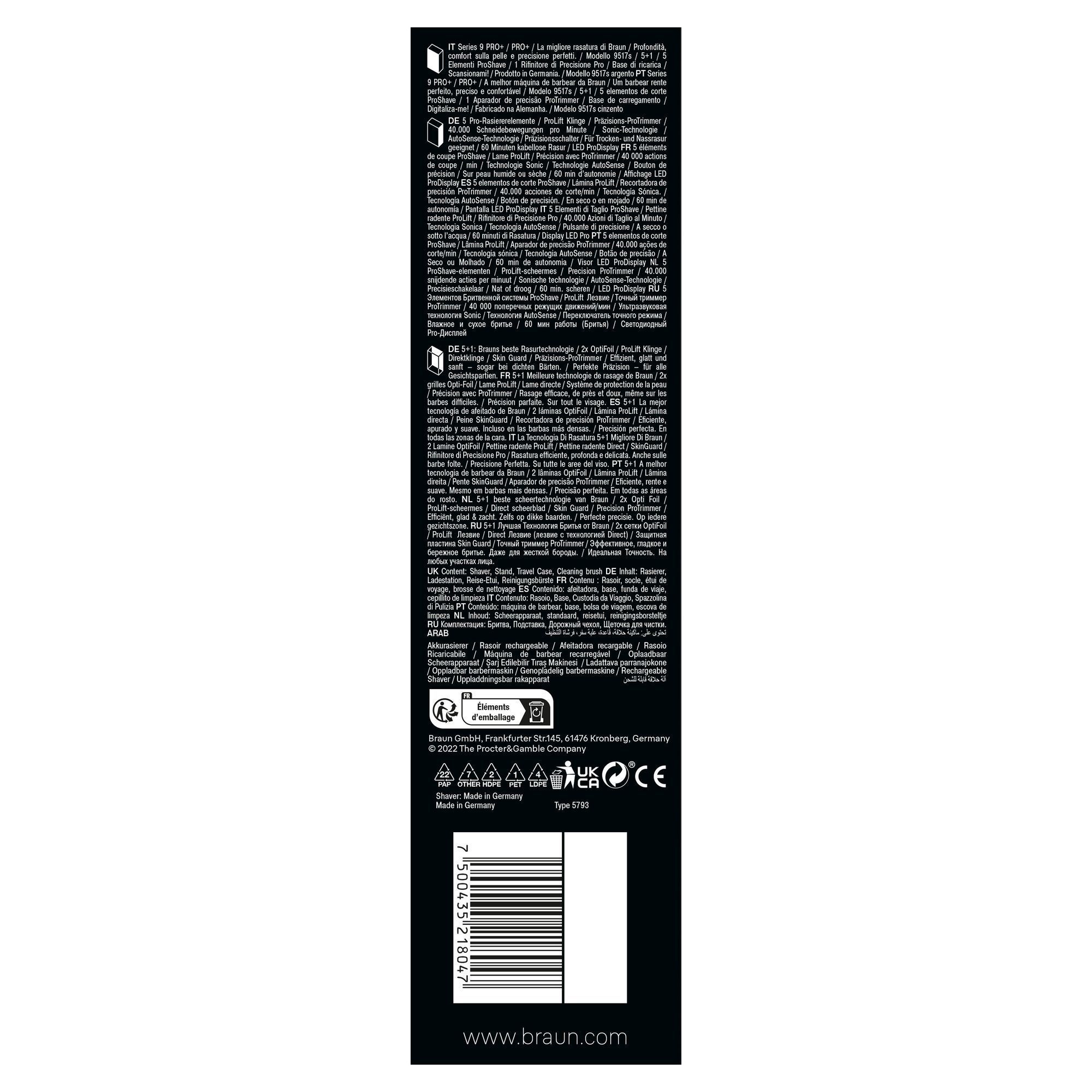 Braun Series 9 PRO+ Rasierer, Verpackung mit dem Hinweis auf beste Rasurtechnologie und 2x OptiFoil für effiziente und sanfte Rasur.