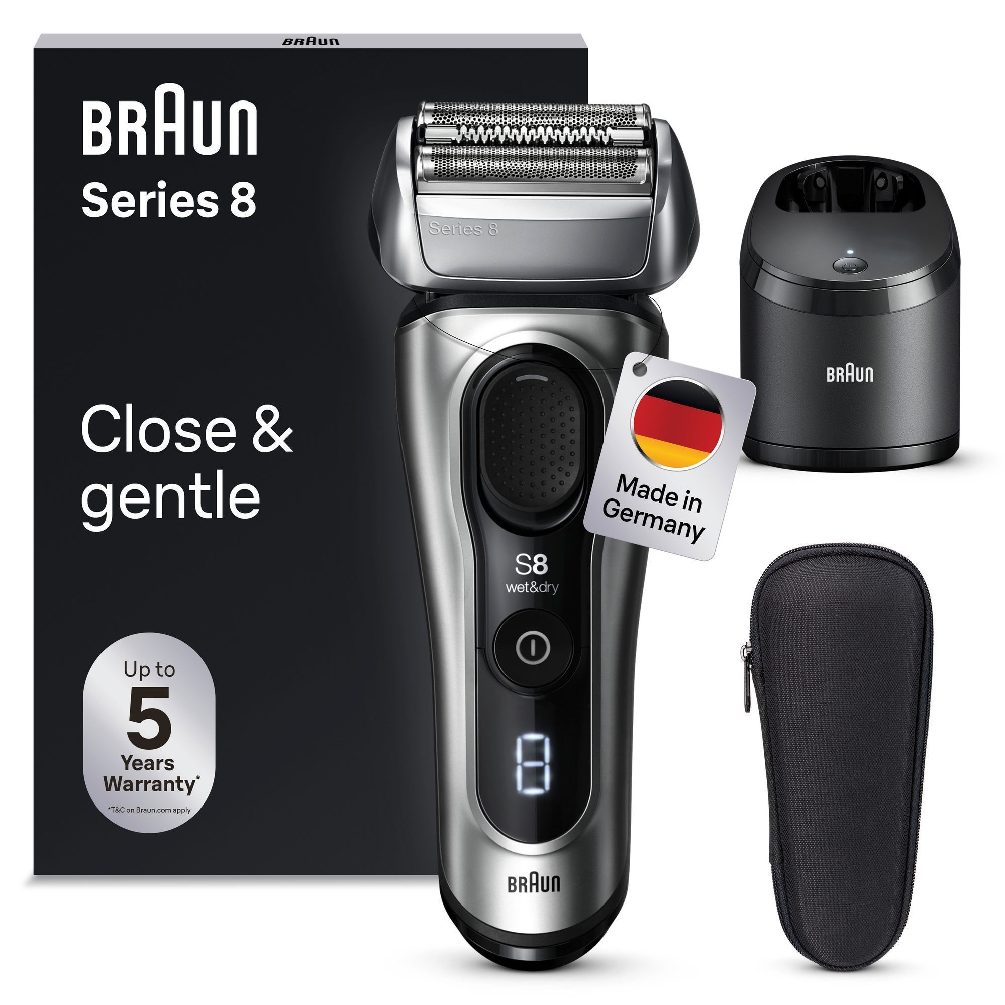 Braun Series 8 Rasierer mit Verpackung, Ladestation und Reiseetui, hervorgehoben mit dem Hinweis "Made in Germany".
