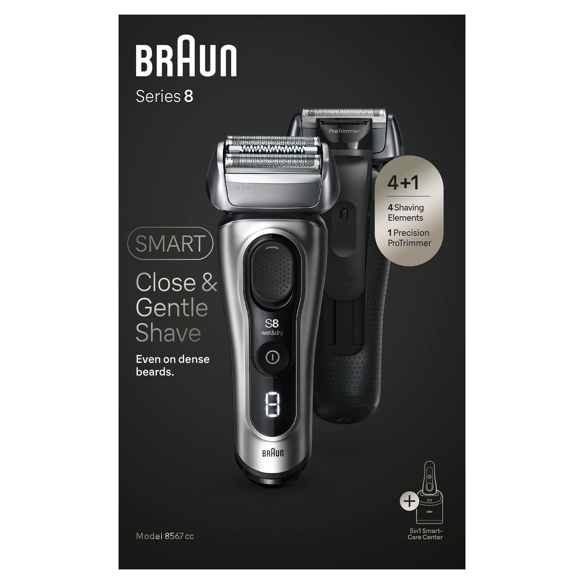 Braun Series 8 Rasierer, hervorgehoben mit dem Hinweis auf 4 Rasiererelemente und 1 Präzisionstrimmer.