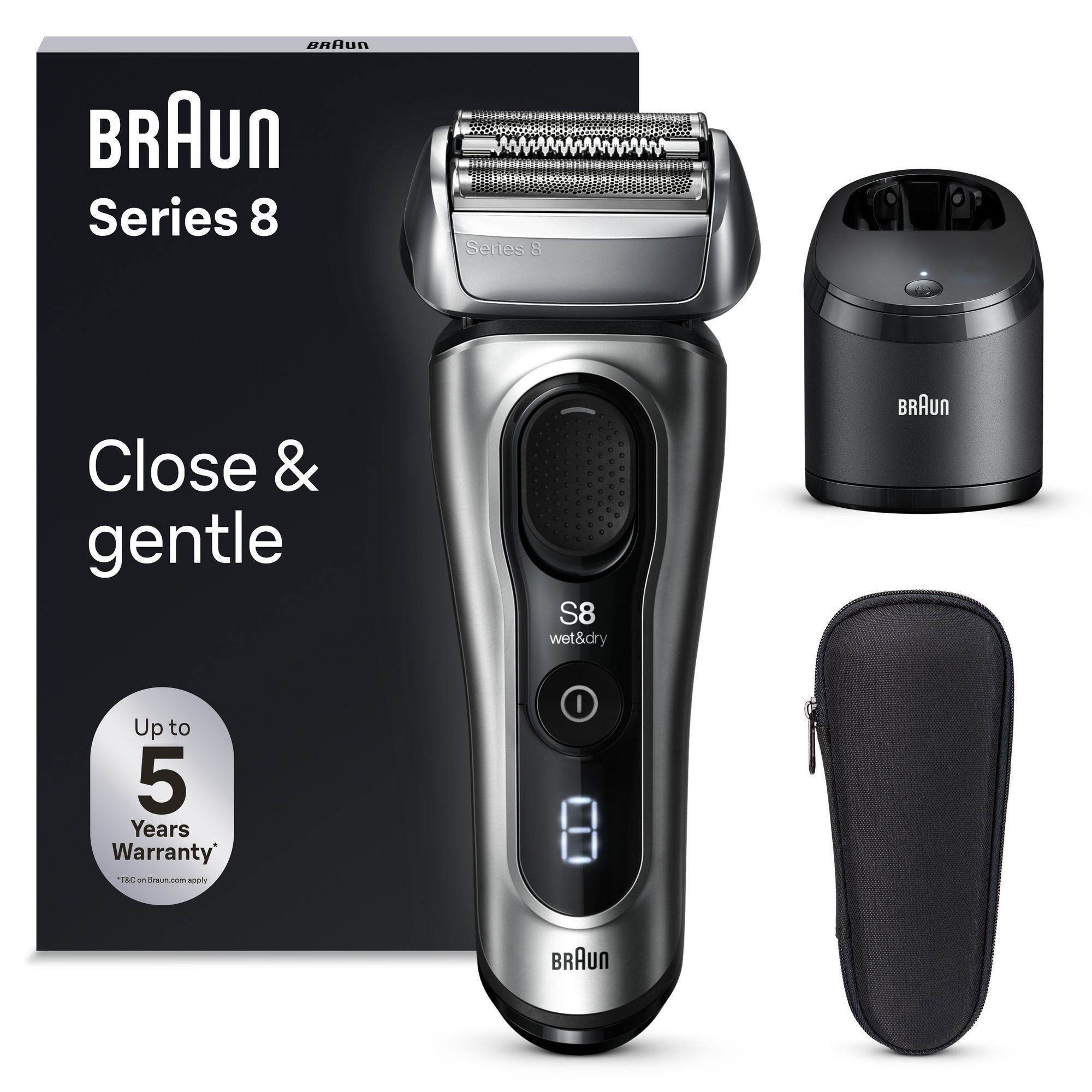 Braun Series 8 Rasierer mit Reinigungsstation und Reiseetui, hervorgehoben wird die bis zu 5 Jahre Garantie.