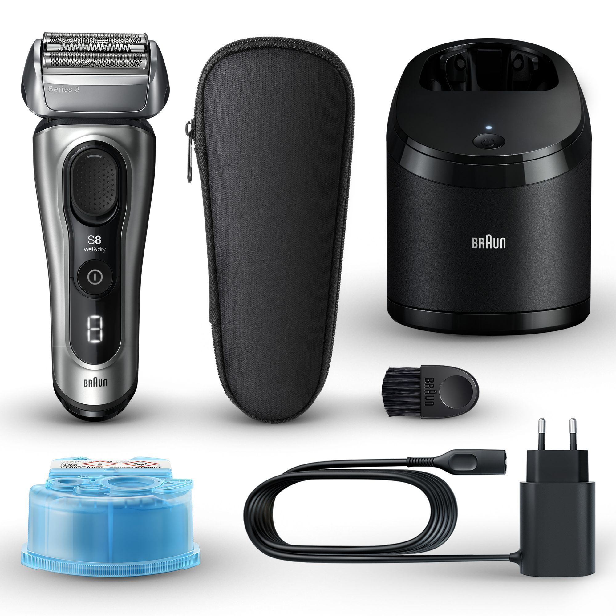 Braun Series 8 Rasierer mit Reinigungsstation, Reiseetui, Reinigungsbürste, Ladekabel und Reinigungskartusche.