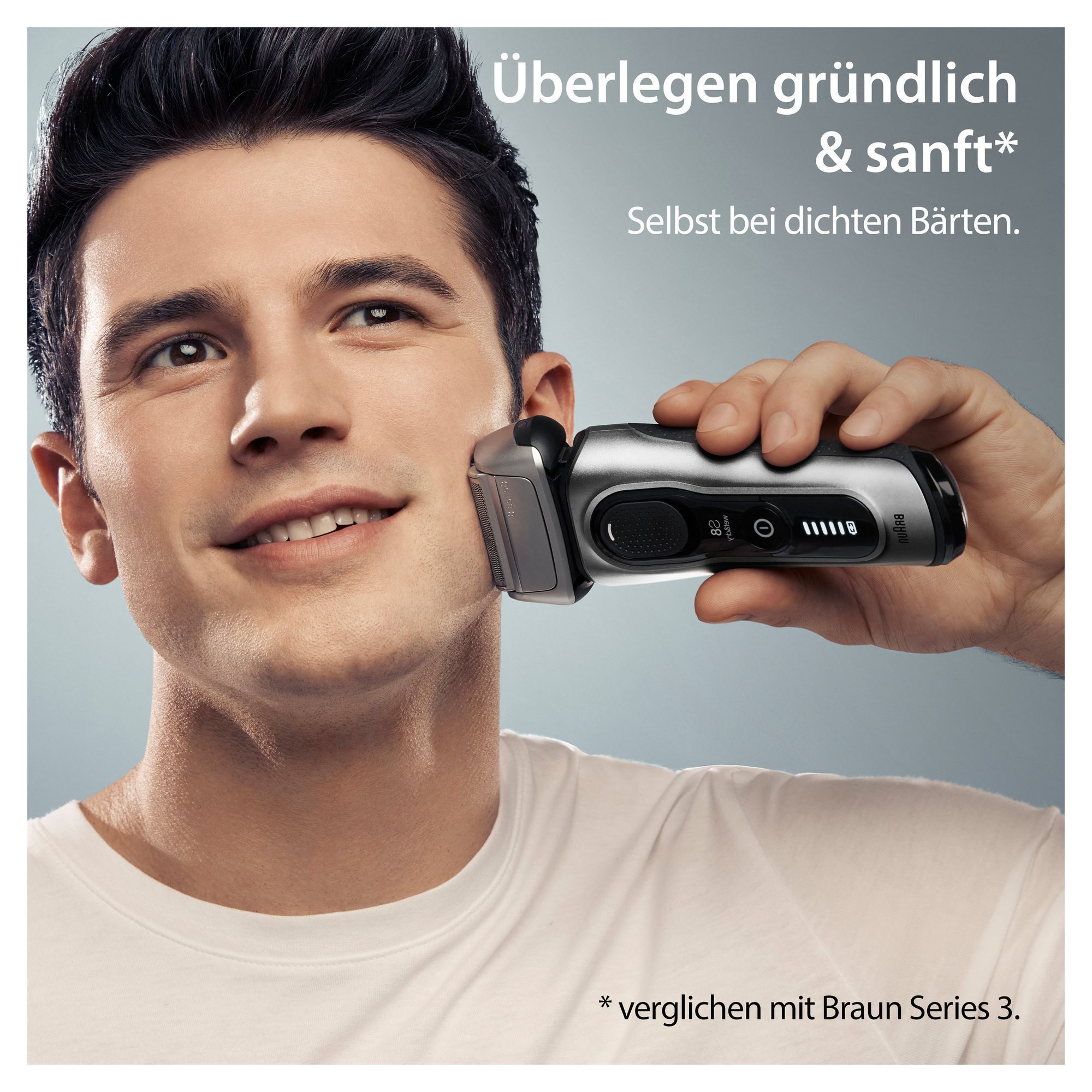 Braun Rasierer im Einsatz für eine gründliche und sanfte Rasur, selbst bei dichten Bärten.