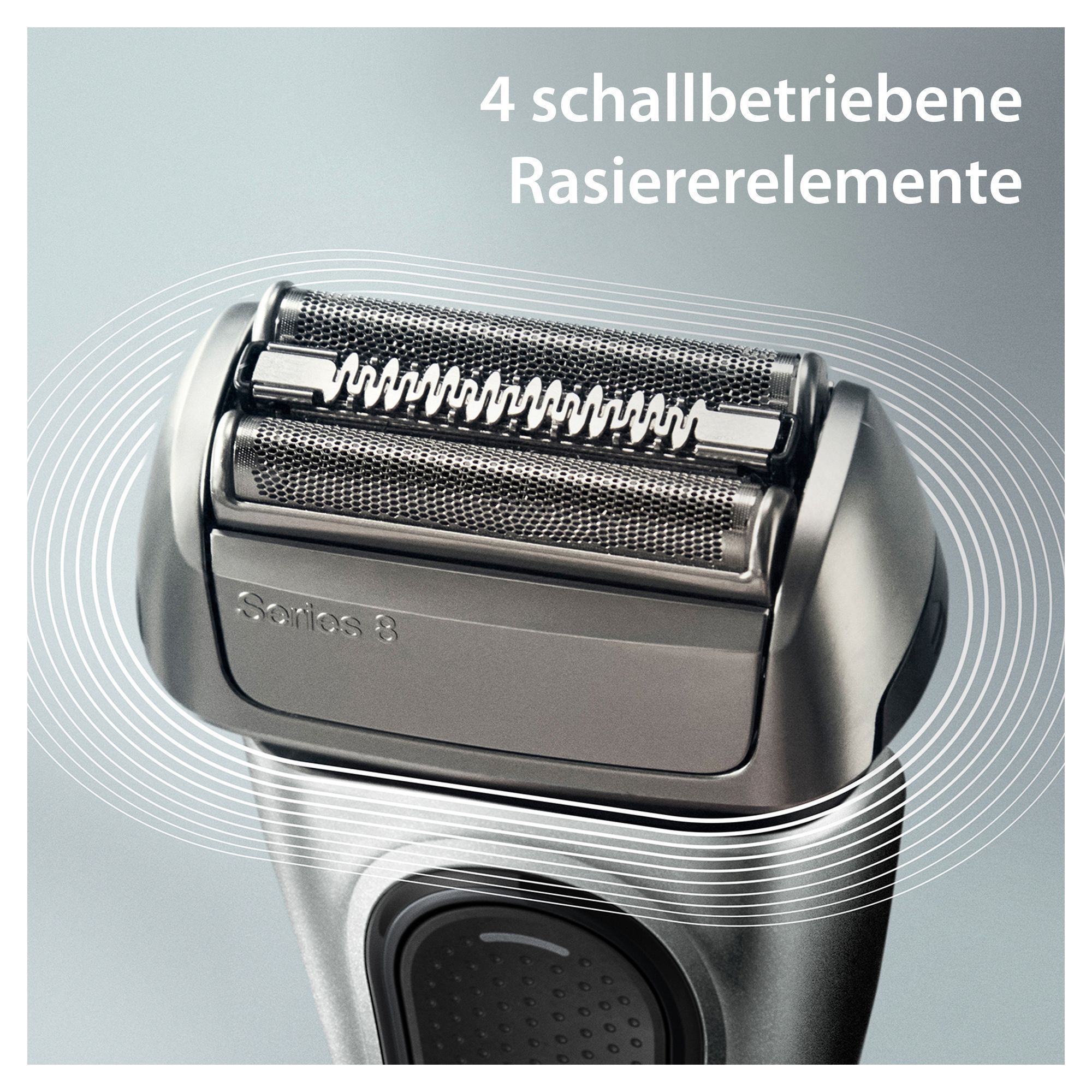 Braun Series 8 Rasierer mit Fokus auf die 4 schallbetriebenen Rasierelemente für eine gründliche Rasur.