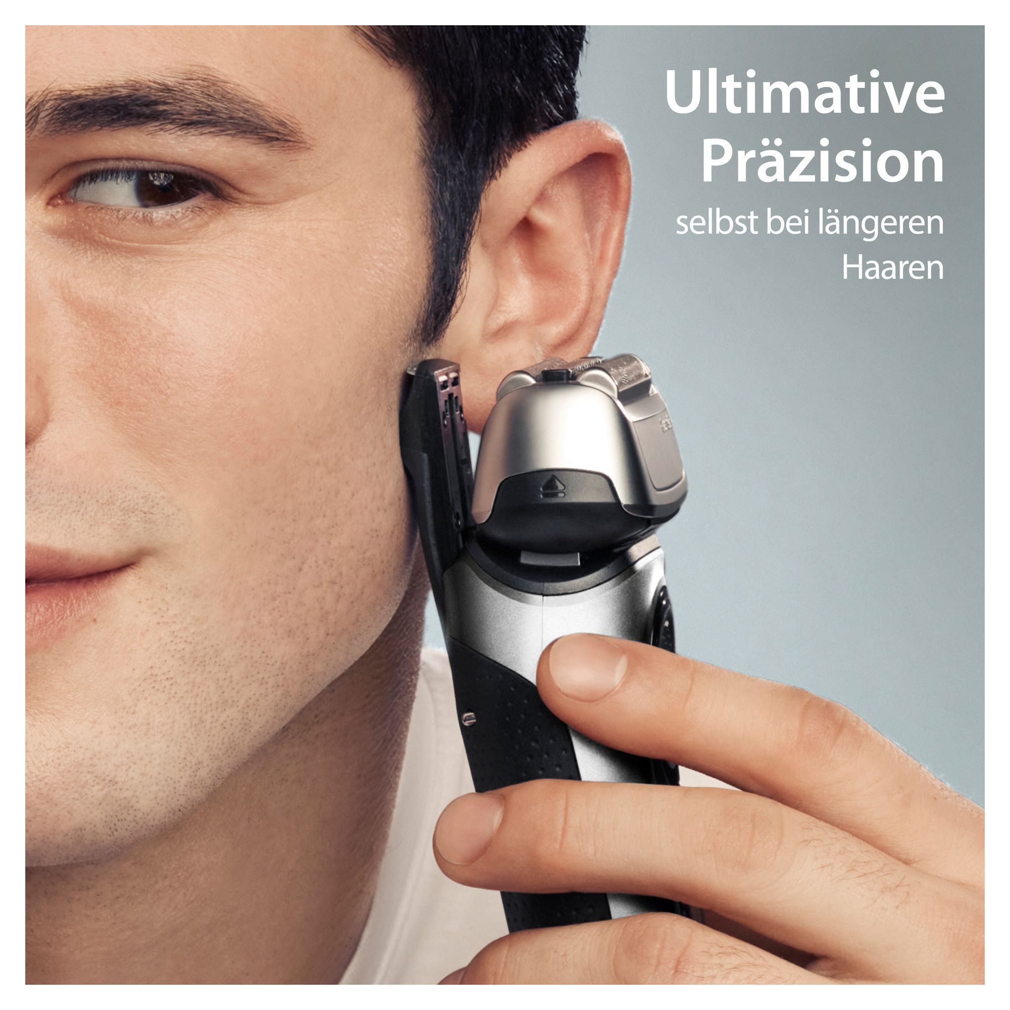Braun Rasierer im Einsatz für ultimative Präzision, selbst bei längeren Haaren.