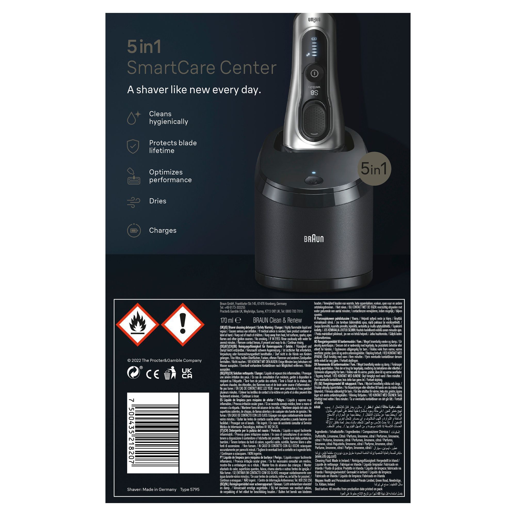 Braun Series 8 Rasierer in der 5in1 SmartCare Center Ladestation, die hygienische Reinigung hervorhebt.