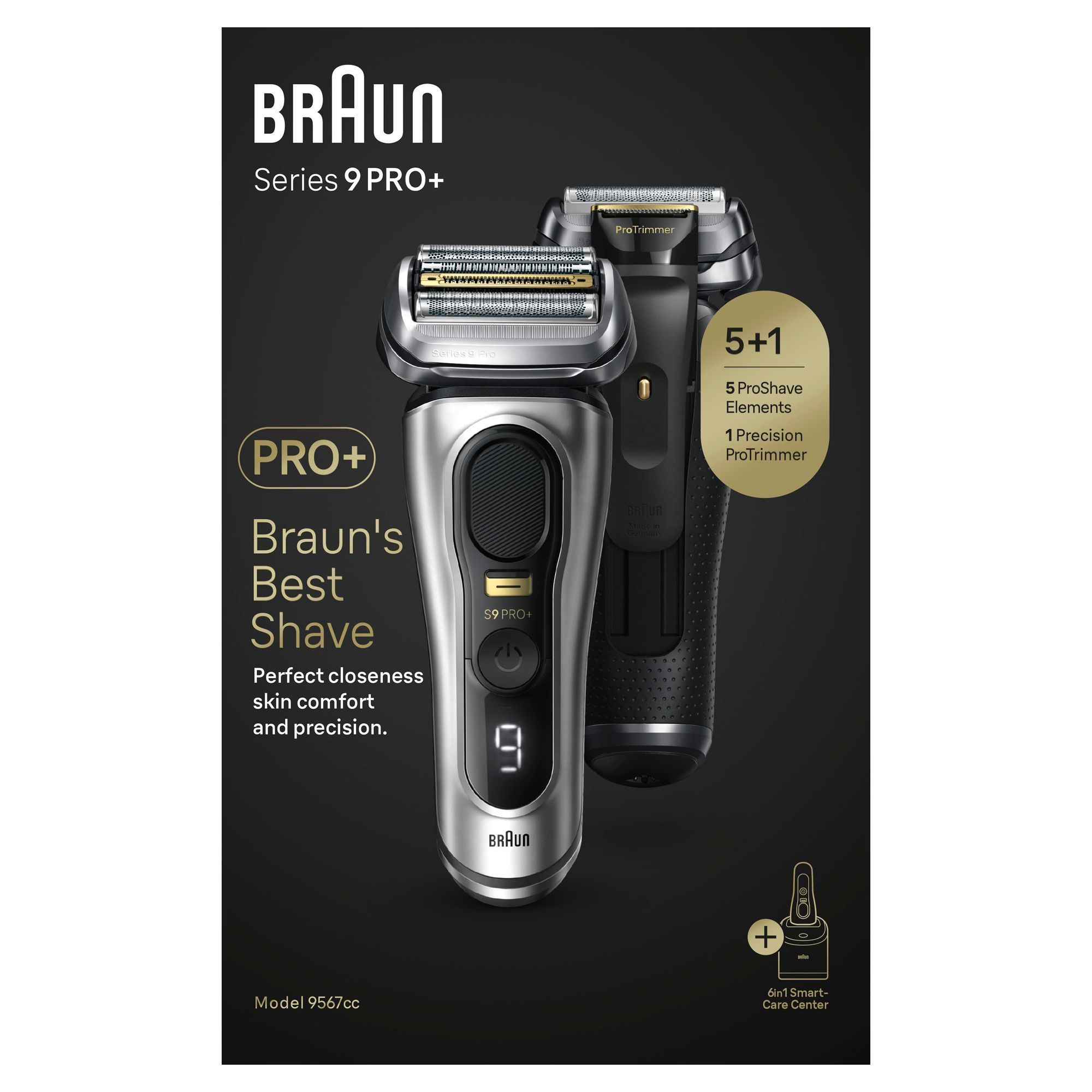 Braun Series 9 Pro+ Rasierer, der die 5 ProShave Elemente und den PrÃ¤zisions-ProTrimmer hervorhebt.