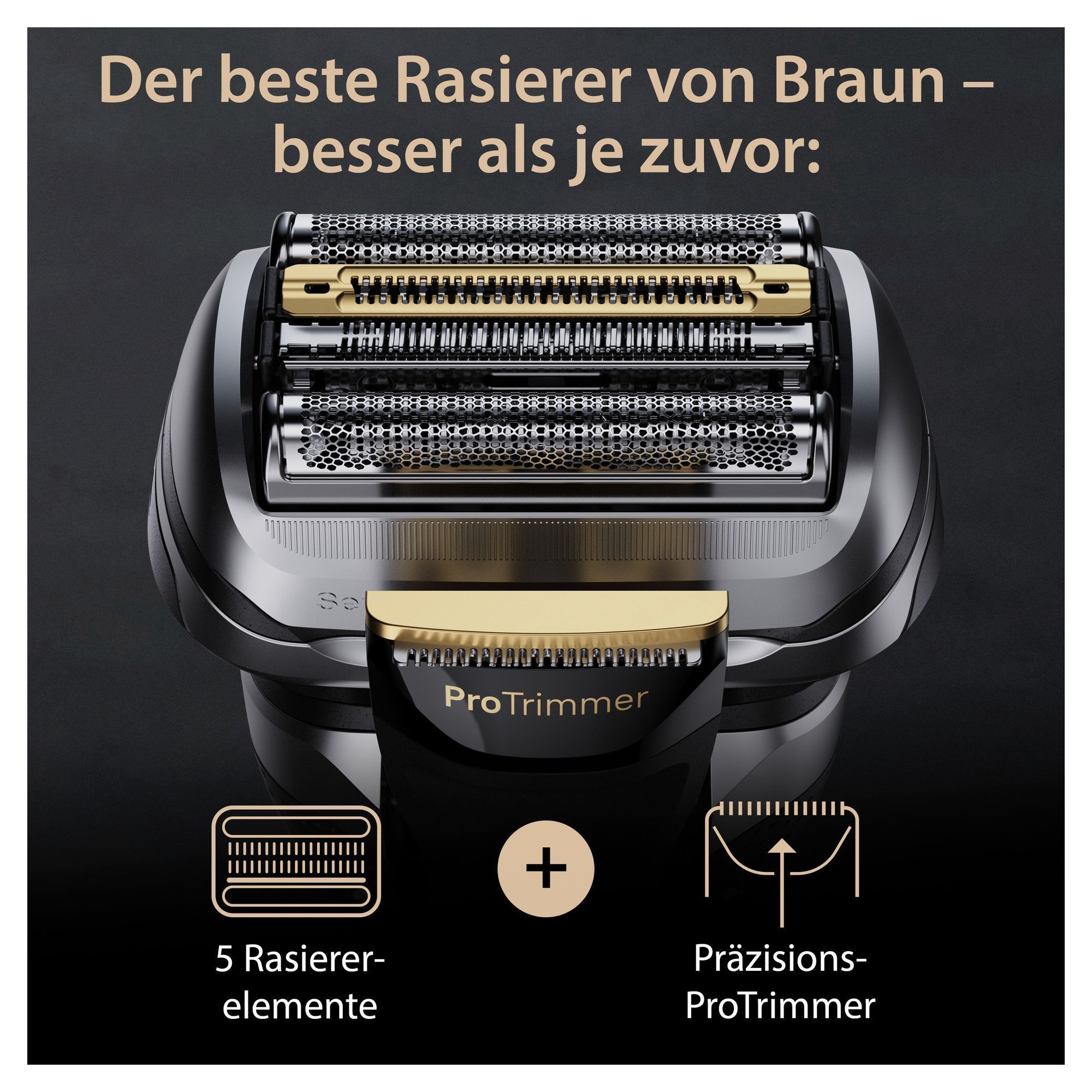Braun Rasierer mit hervorgehobenen 5 Rasierelementen und PrÃ¤zisions-ProTrimmer fÃ¼r eine verbesserte Rasur.