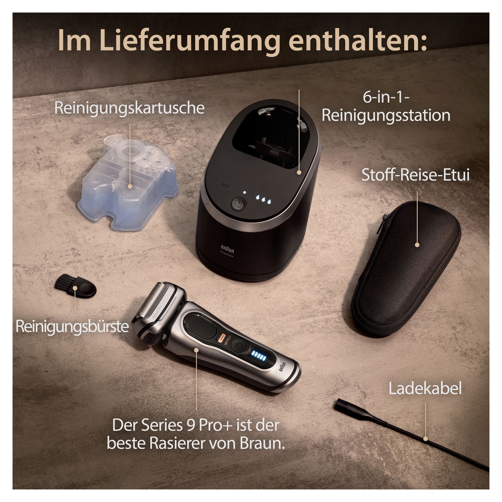 Braun Series 9 Pro+ Rasierer, Reinigungsstation, Reinigungskartusche, Reinigungsbürste, Ladekabel und Reise-Etui im Lieferumfang enthalten.