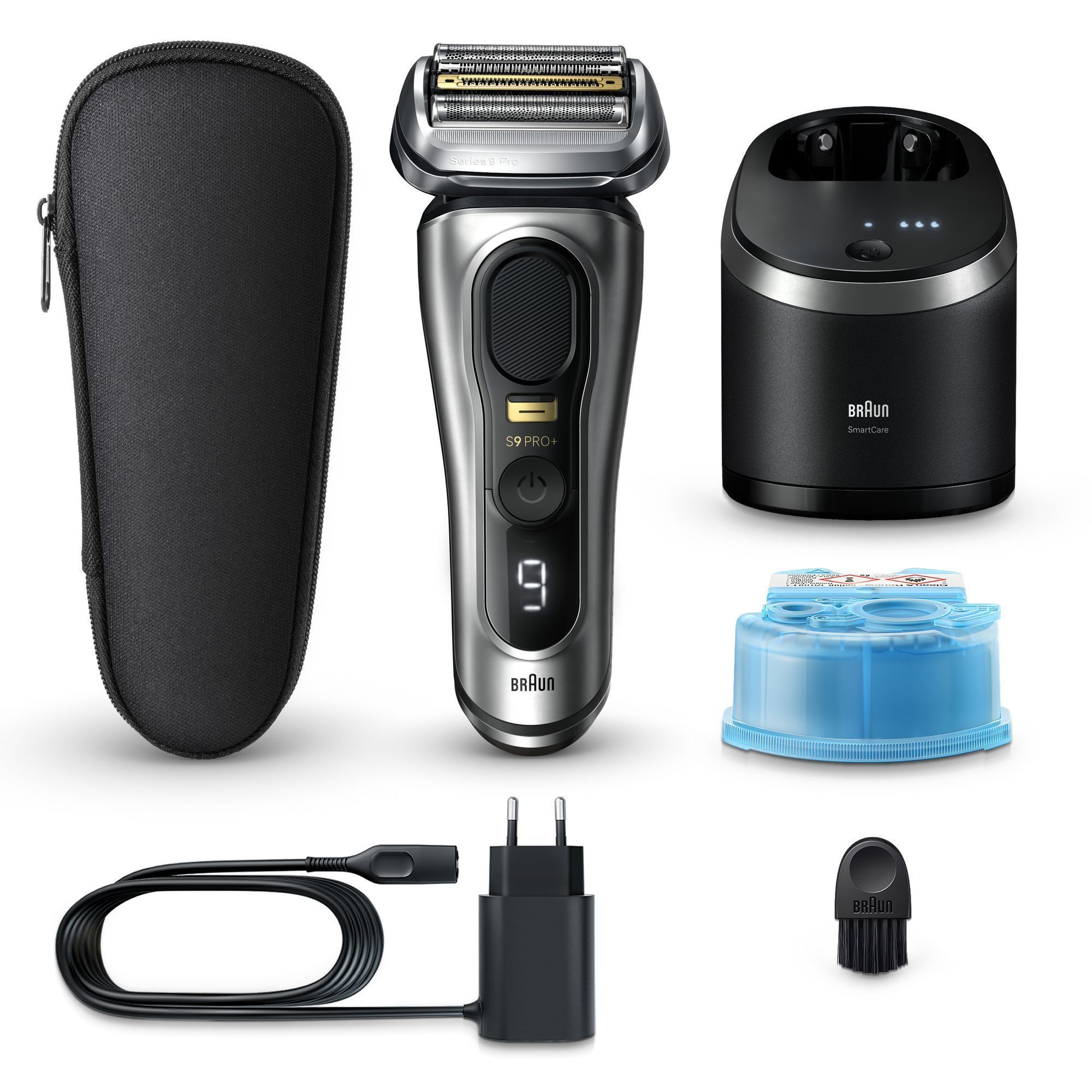 Braun Series 9 Pro+ Rasierer mit SmartCare Center, Reiseetui, ReinigungsbÃ¼rste und Ladekabel fÃ¼r eine vollstÃ¤ndige Rasurpflege.