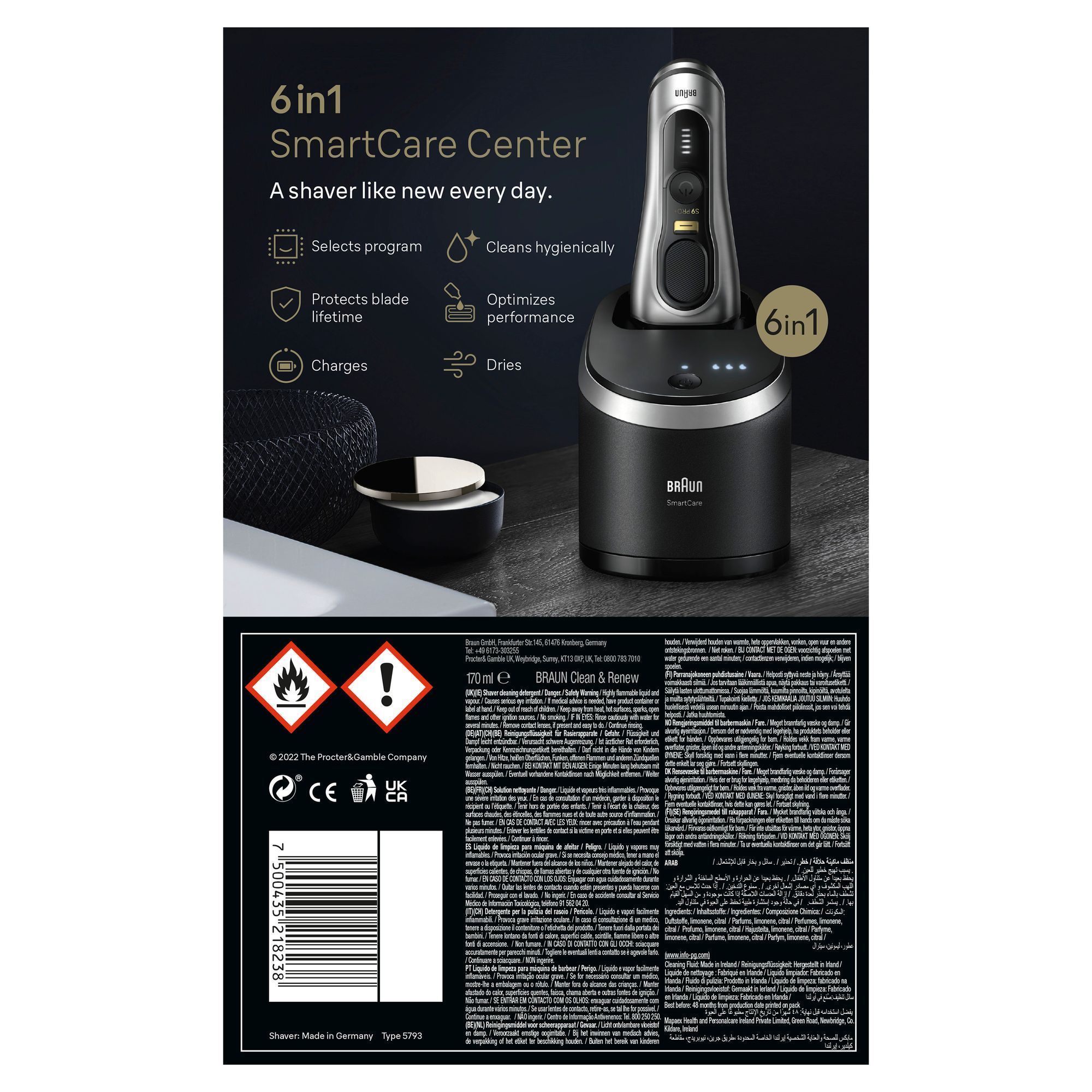 Braun SmartCare Center Rasierer mit Reinigungsstation, die 6-in-1 Funktionen wie Programmauswahl und hygienische Reinigung bietet.