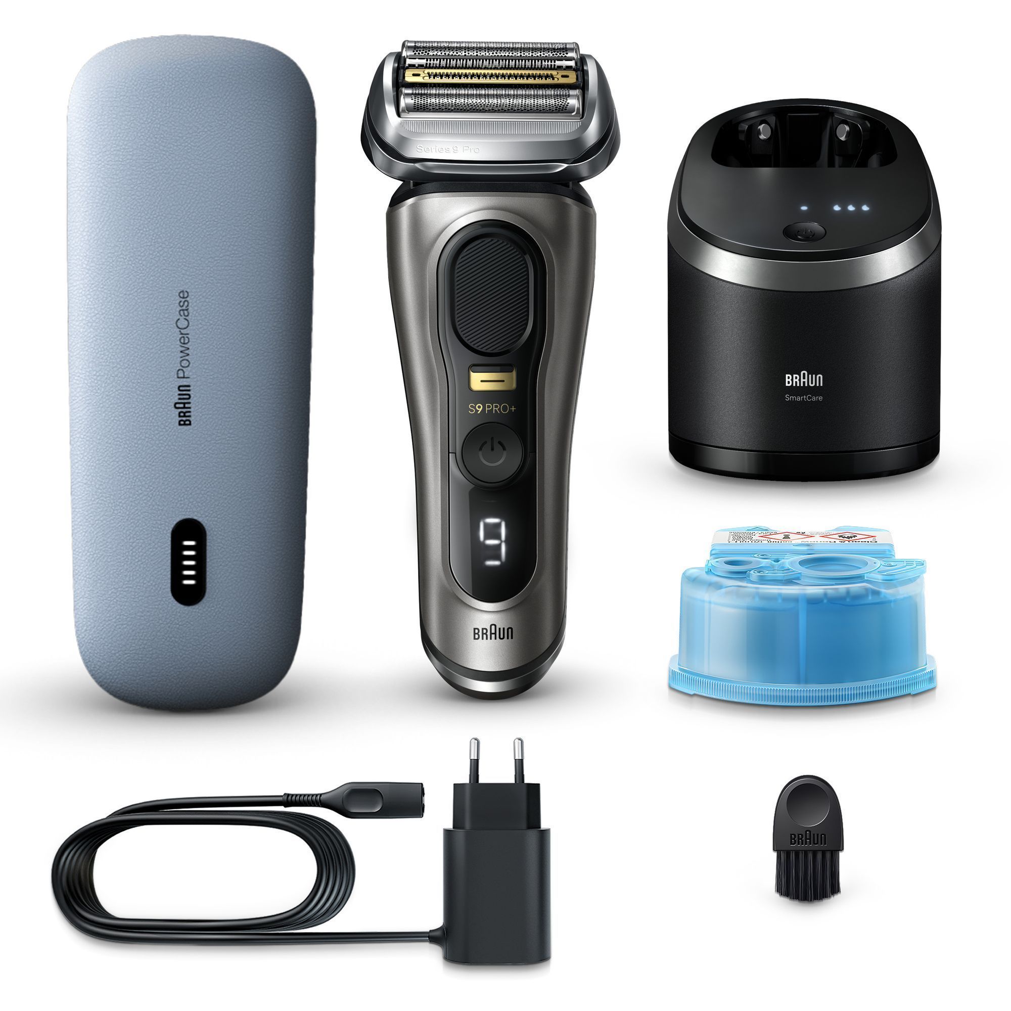 Braun Series 9 Pro+ mit PowerCase, Reinigungsstation und Zubehör für eine umfassende Rasur.