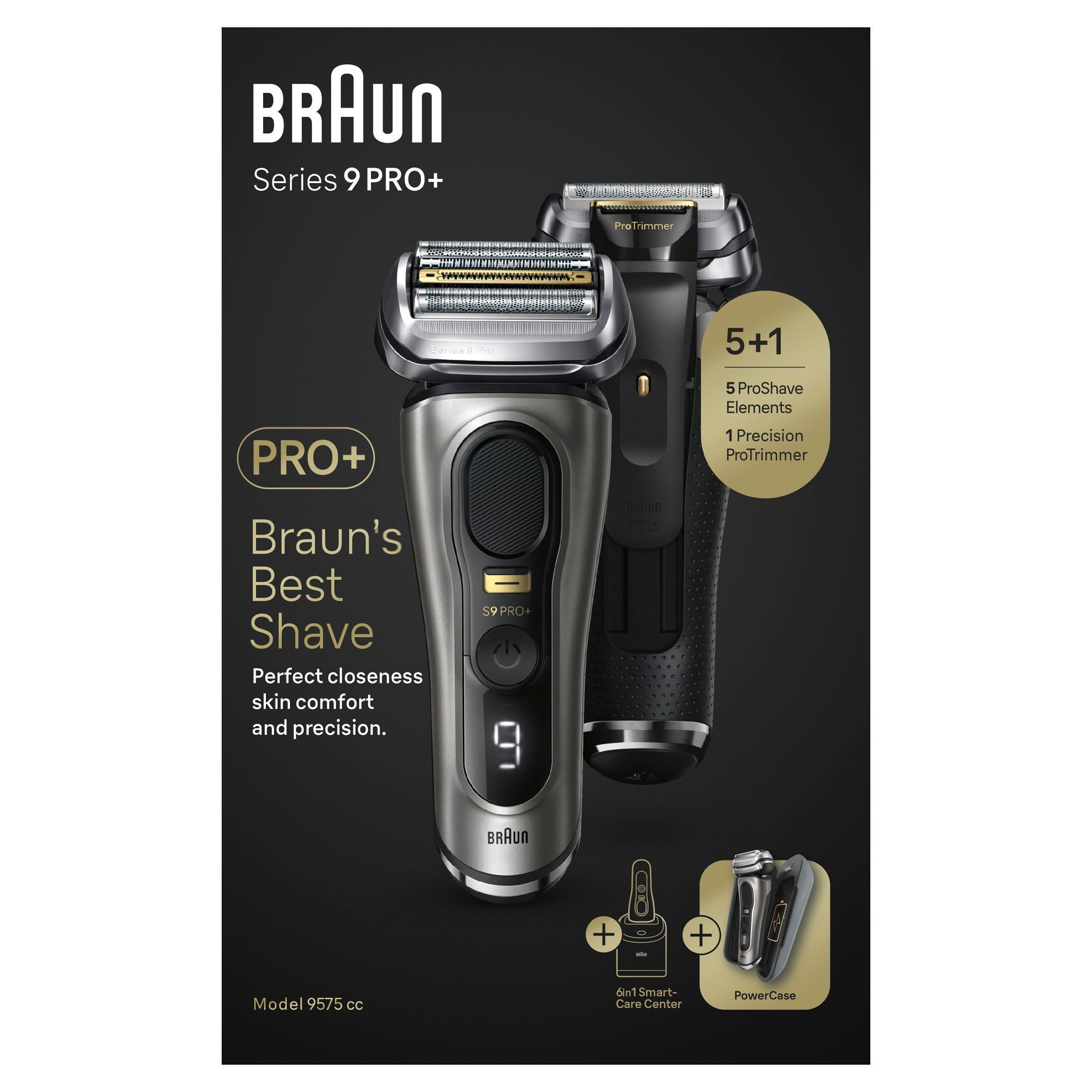 Braun Series 9 PRO+ Rasierer, hervorgehoben mit 5 ProShave-Elementen und einem Präzisions-ProTrimmer.