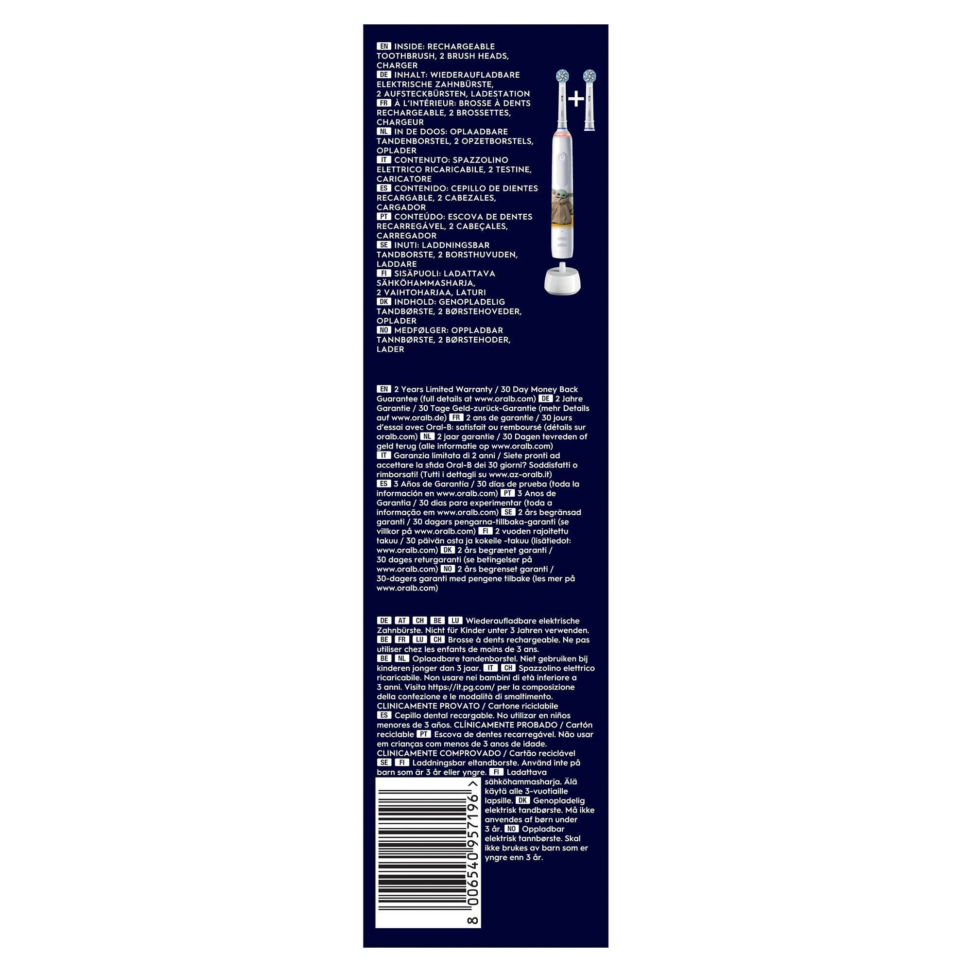 Oral-B wiederaufladbare elektrische Zahnbürste, Verpackung zeigt "Inside: Rechargeable Toothbrush, 2 Brush Heads, Charger".