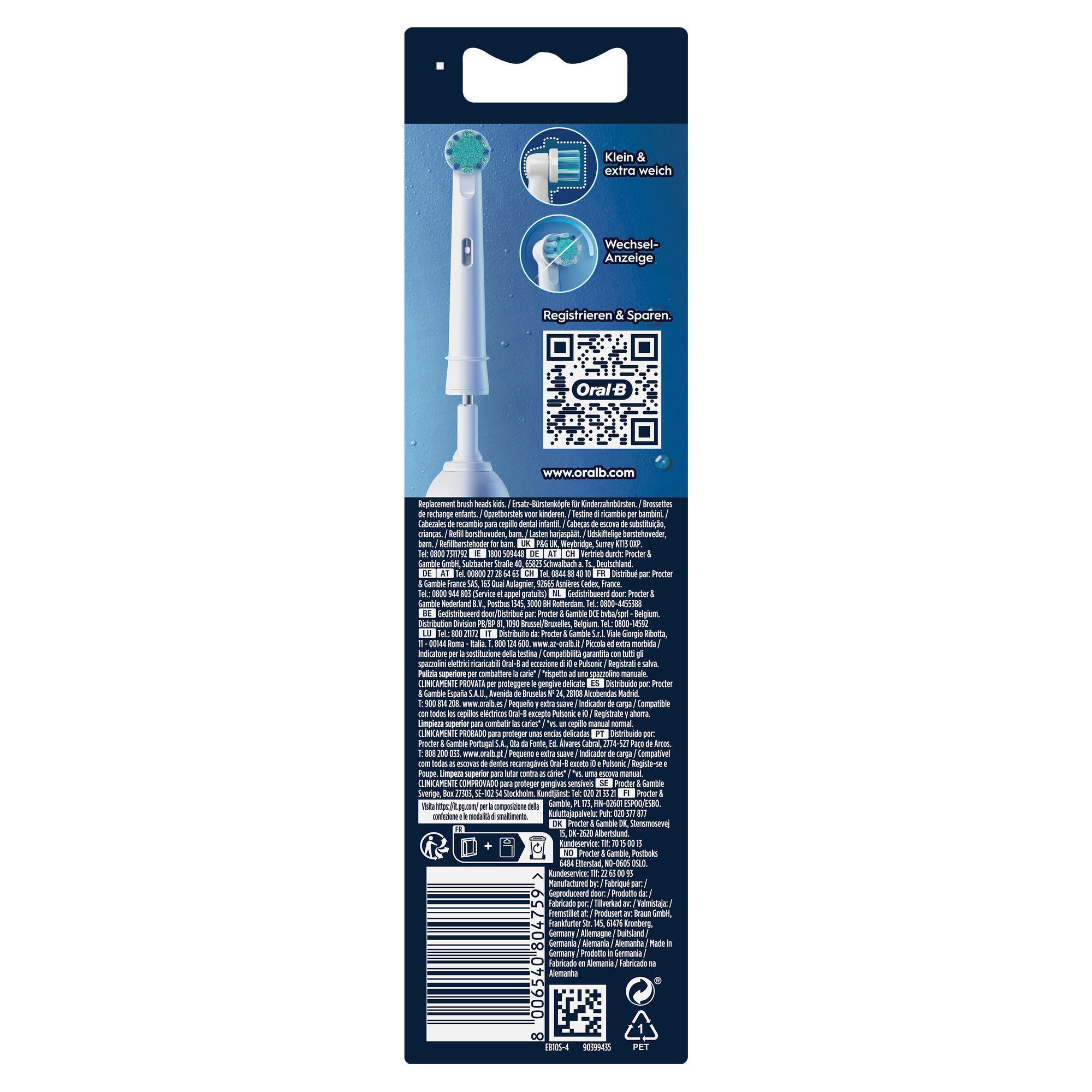 Oral-B Aufsteckbürsten für Kinder, Verpackung mit Hinweis auf "Klein & extra weich" und Wechselanzeige.