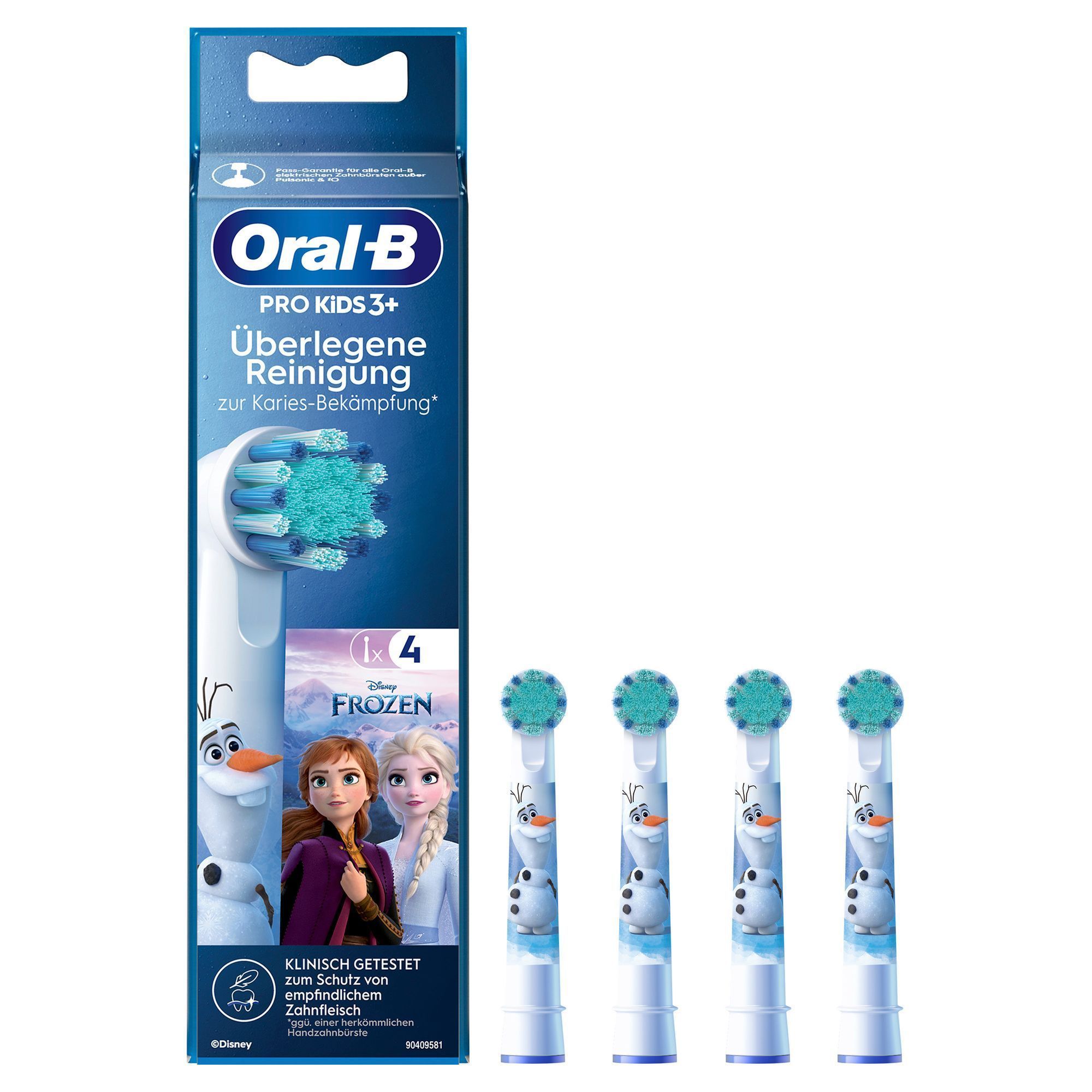 Oral-B Pro Kids 3+ Aufsteckbürsten, Frozen Design, 4 Stück, mit dem Hinweis auf überlegene Reinigung zur Karies-Bekämpfung.