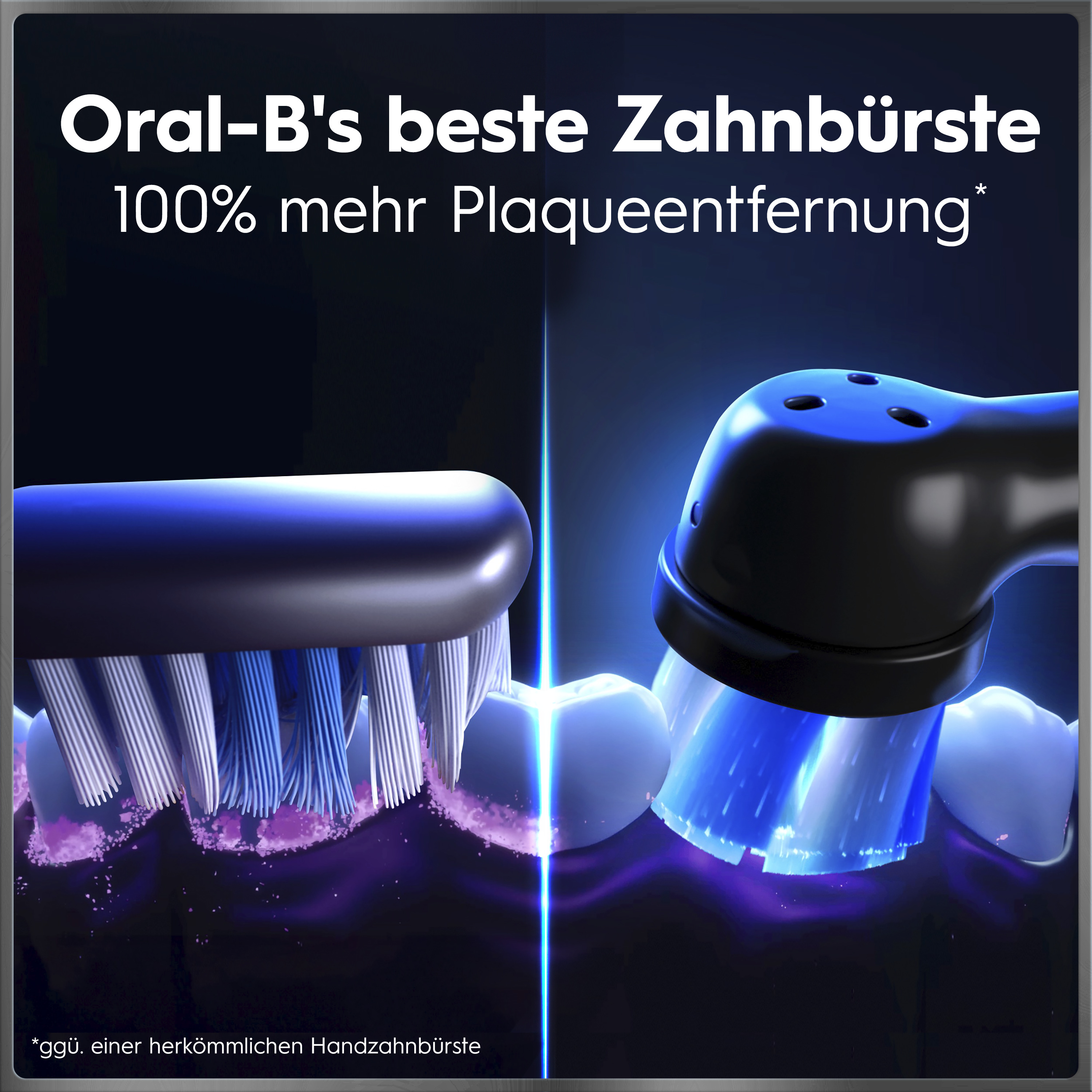 Oral-B Zahnbürste in Aktion, die 100% sauberere Zähne im Vergleich zu einer herkömmlichen Handzahnbürste verspricht.
