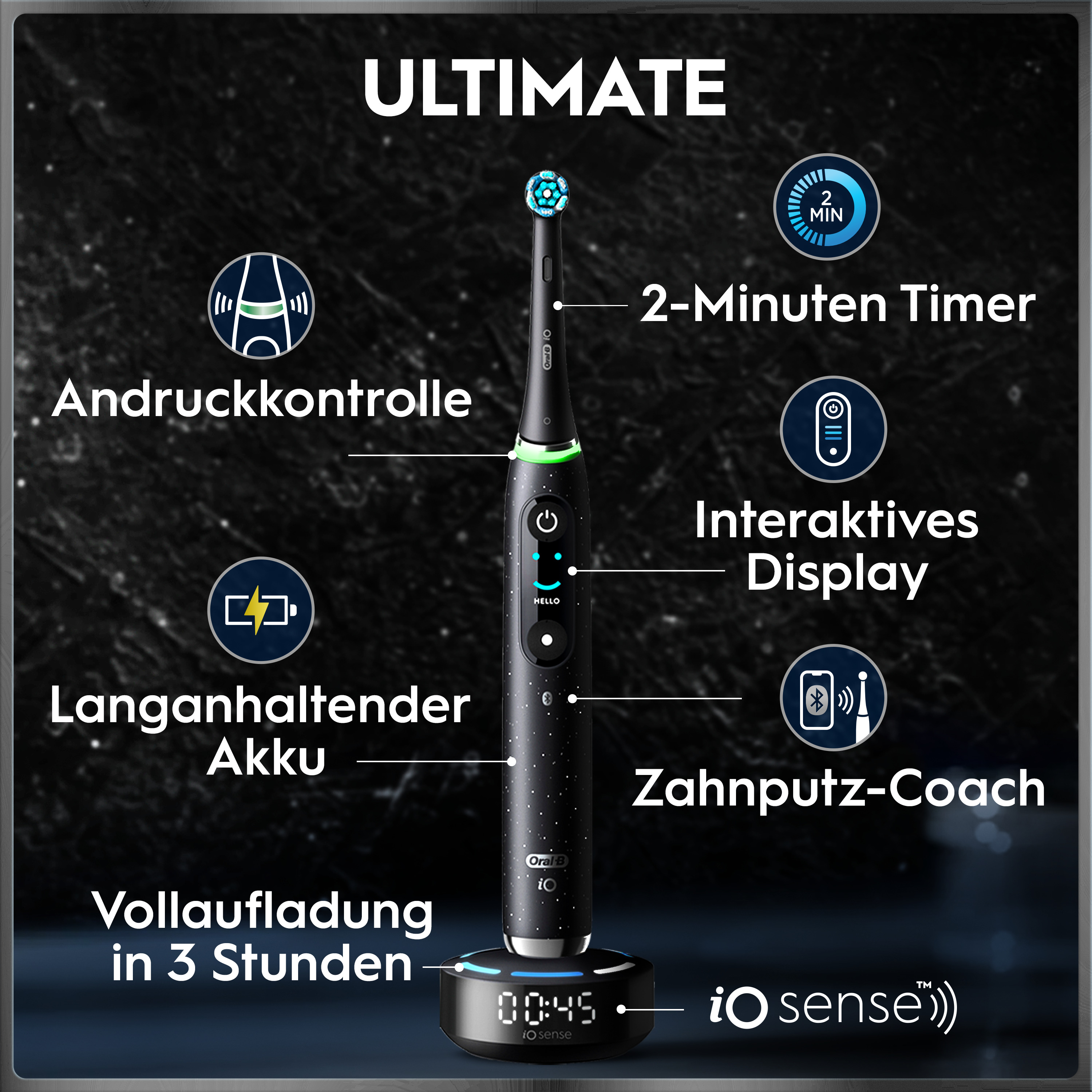 Oral-B iO Zahnbürste mit iO Sense, hervorgehoben durch 7 Putzmodi, interaktives Display und magnetische Schnell-Ladestation.