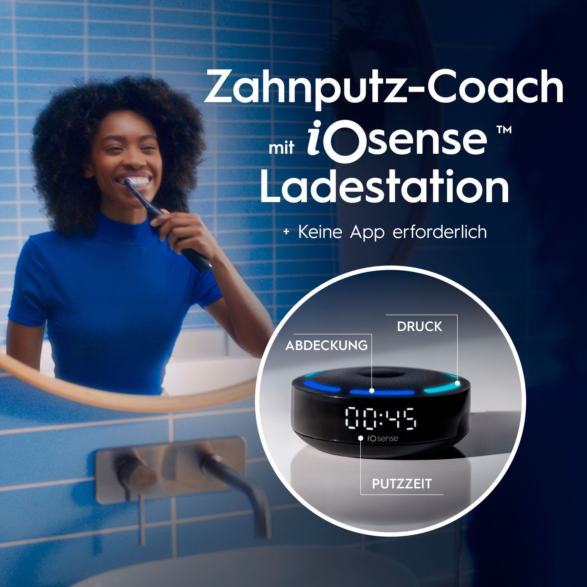 Oral-B iOsense Ladestation als Zahnputz-Coach, der Abdeckung, Druck und Putzzeit ohne App anzeigt.