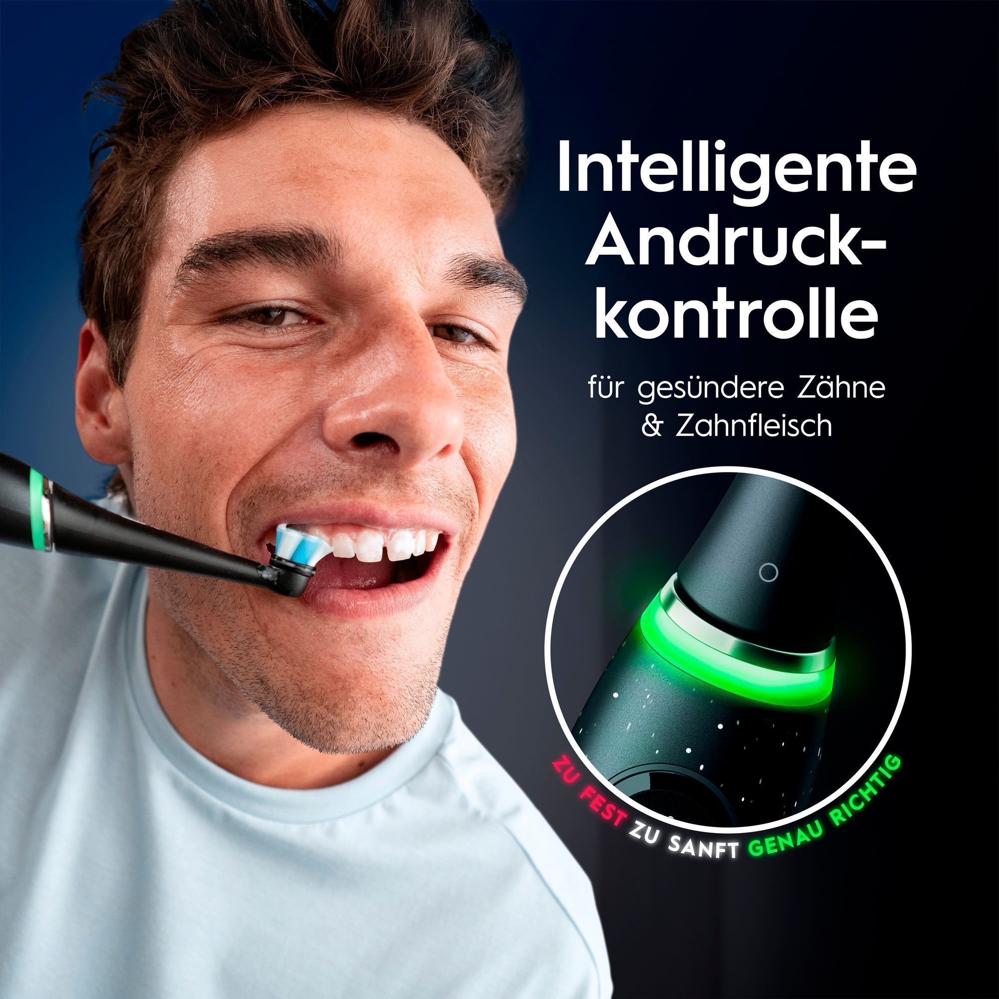 Mann putzt Zähne mit Oral-B Zahnbürste. Grünes Licht signalisiert optimale Andruckkontrolle für gesunde Zähne und Zahnfleisch.
