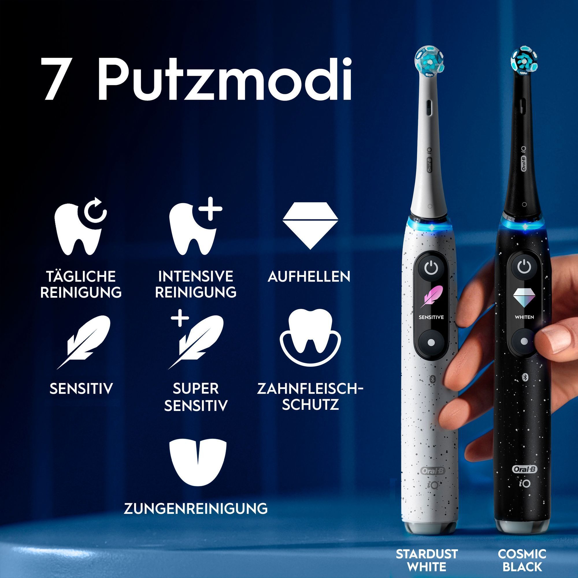 Oral-B iO Zahnbürsten in Weiß und Schwarz, hervorgehoben werden die 7 verschiedenen Putzmodi für tägliche Reinigung, Aufhellen und mehr.