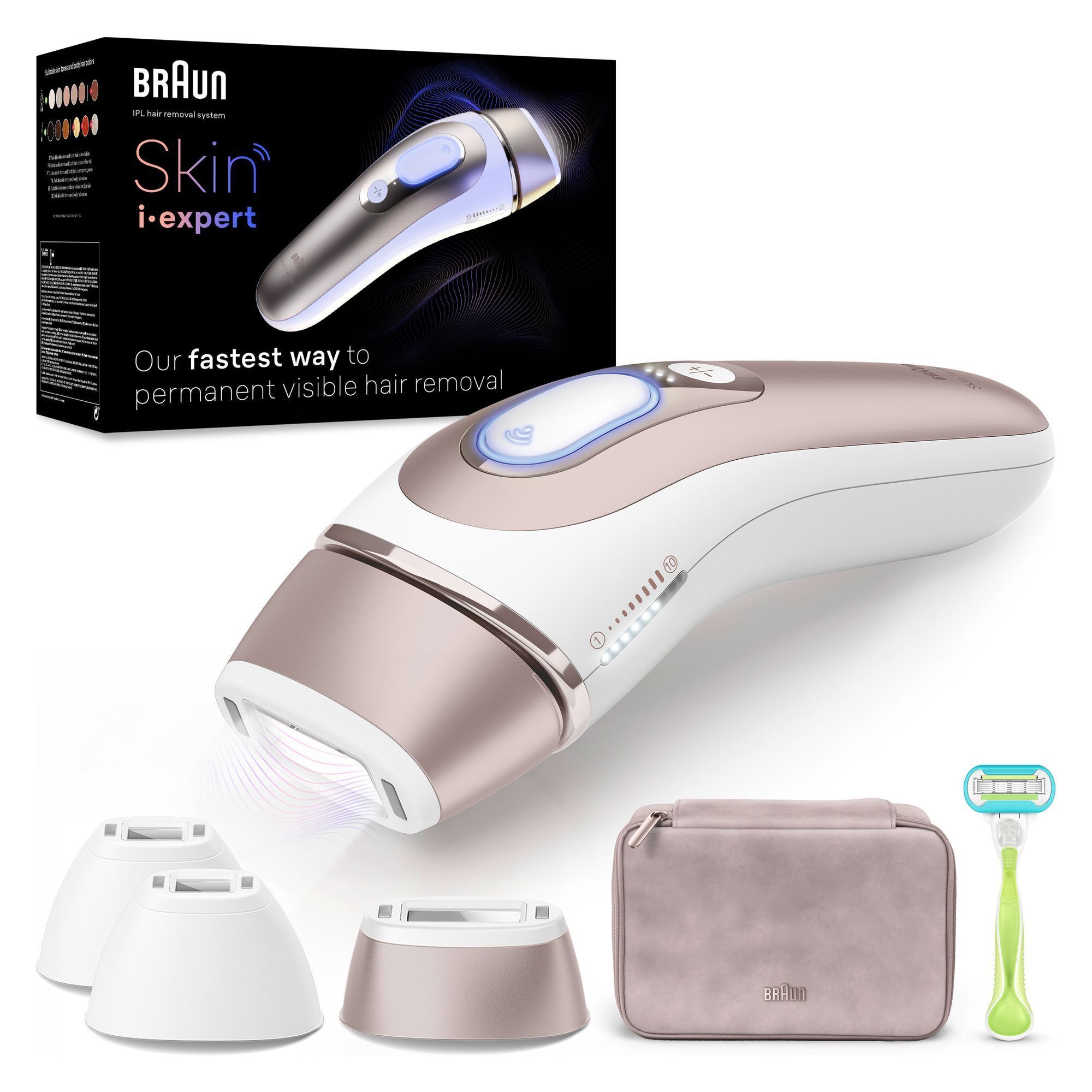 Braun Skin i-expert IPL Haarentfernungssystem mit Zubehör. Beworben als schnellster Weg zu dauerhaft sichtbarer Haarentfernung.