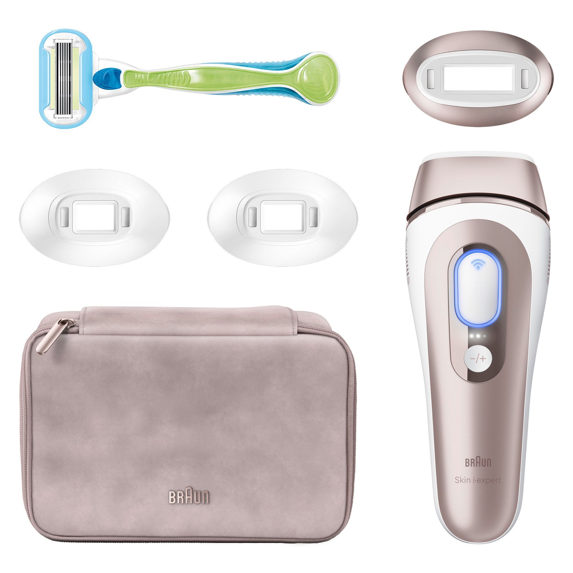 Braun Skin i·expert IPL-Haarentfernungssystem mit Aufbewahrungstasche, Venus-Rasierer und verschiedenen Aufsätzen.