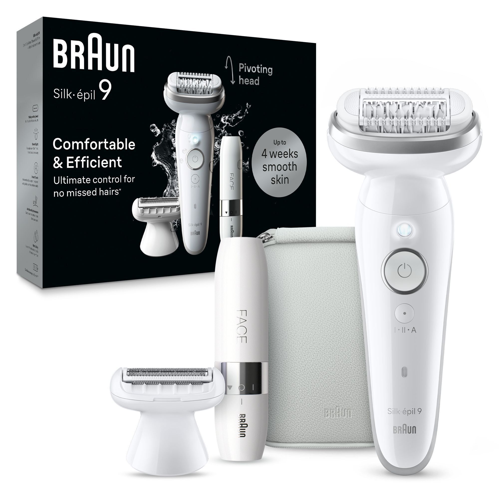 Braun Silk-épil 9 Epilierer mit Verpackung, Face-Gerät und dem Versprechen von bis zu 4 Wochen glatter Haut.