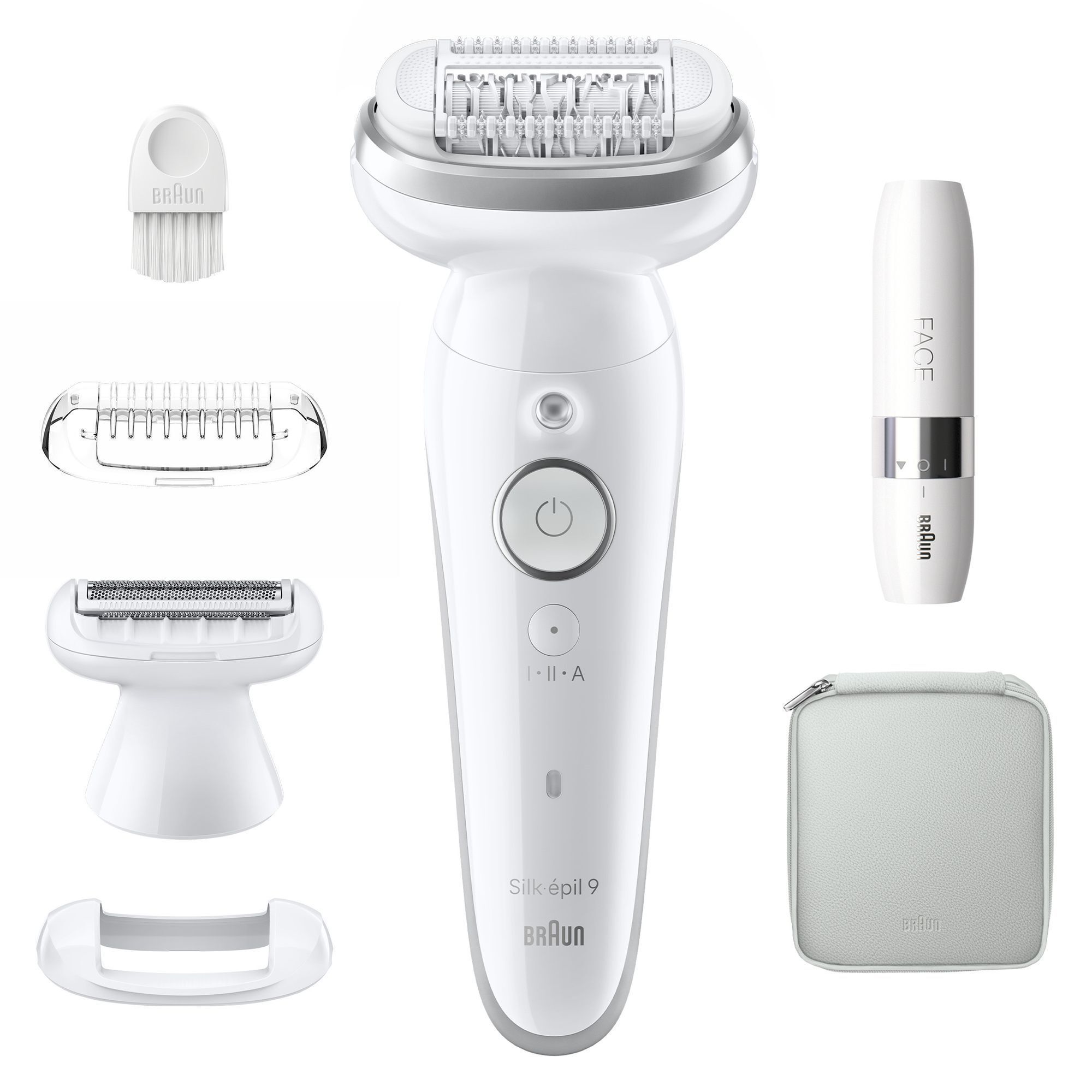 Braun Silk-épil 9 Epilierer mit verschiedenen Aufsätzen, inklusive eines Gesichtsepilierers und einer Aufbewahrungstasche.