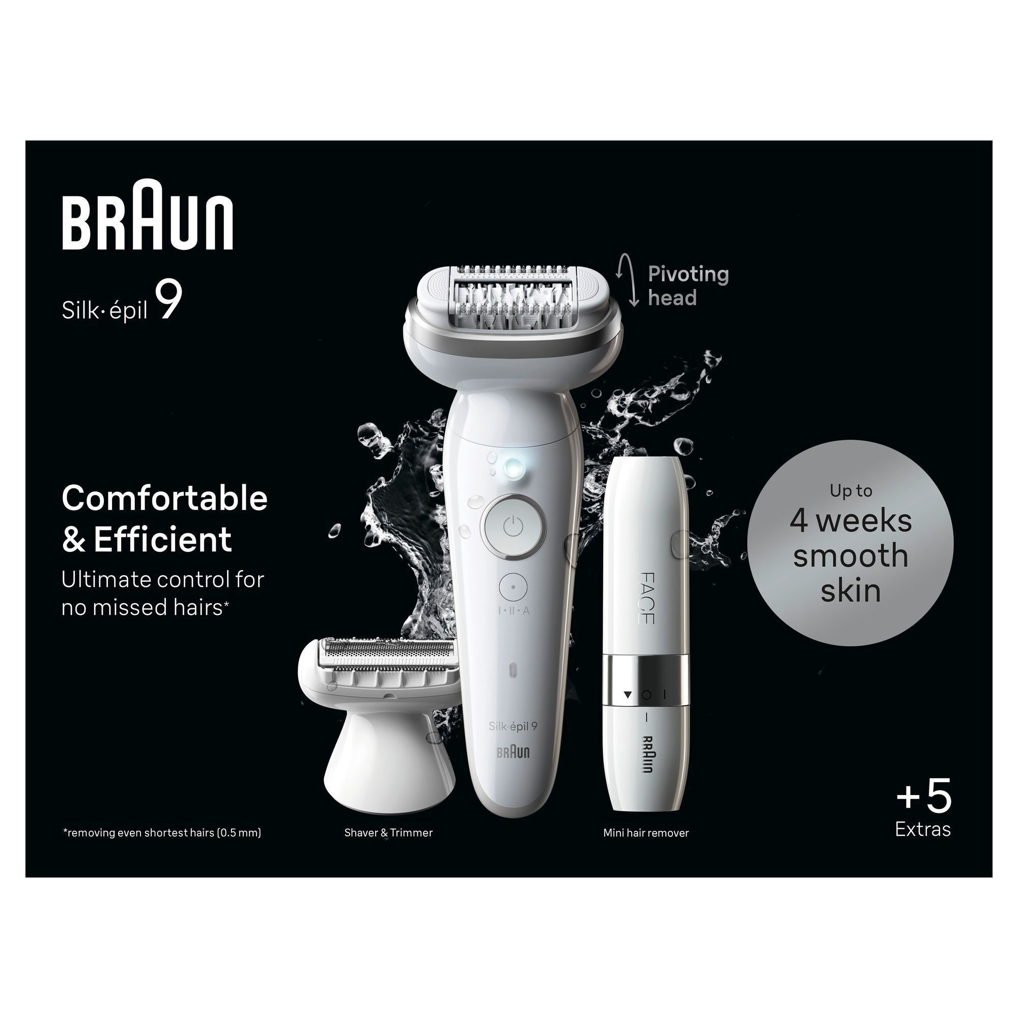 Braun Silk-épil 9 Epilierer mit Aufsätzen, hervorgehoben wird die Aussage Bis zu 4 Wochen glatte Haut.