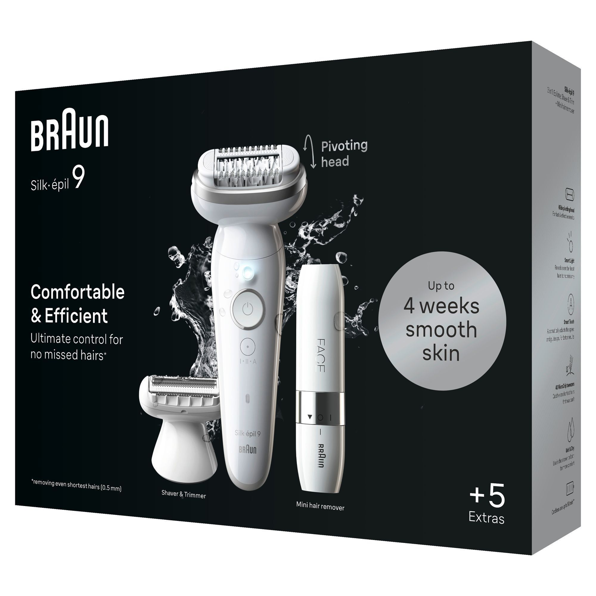 Braun Silk-épil 9 Epilierer Verpackung, die "Bis zu 4 Wochen glatte Haut" hervorhebt, zusammen mit Mini-Haarentferner und Rasierer-Aufsatz.