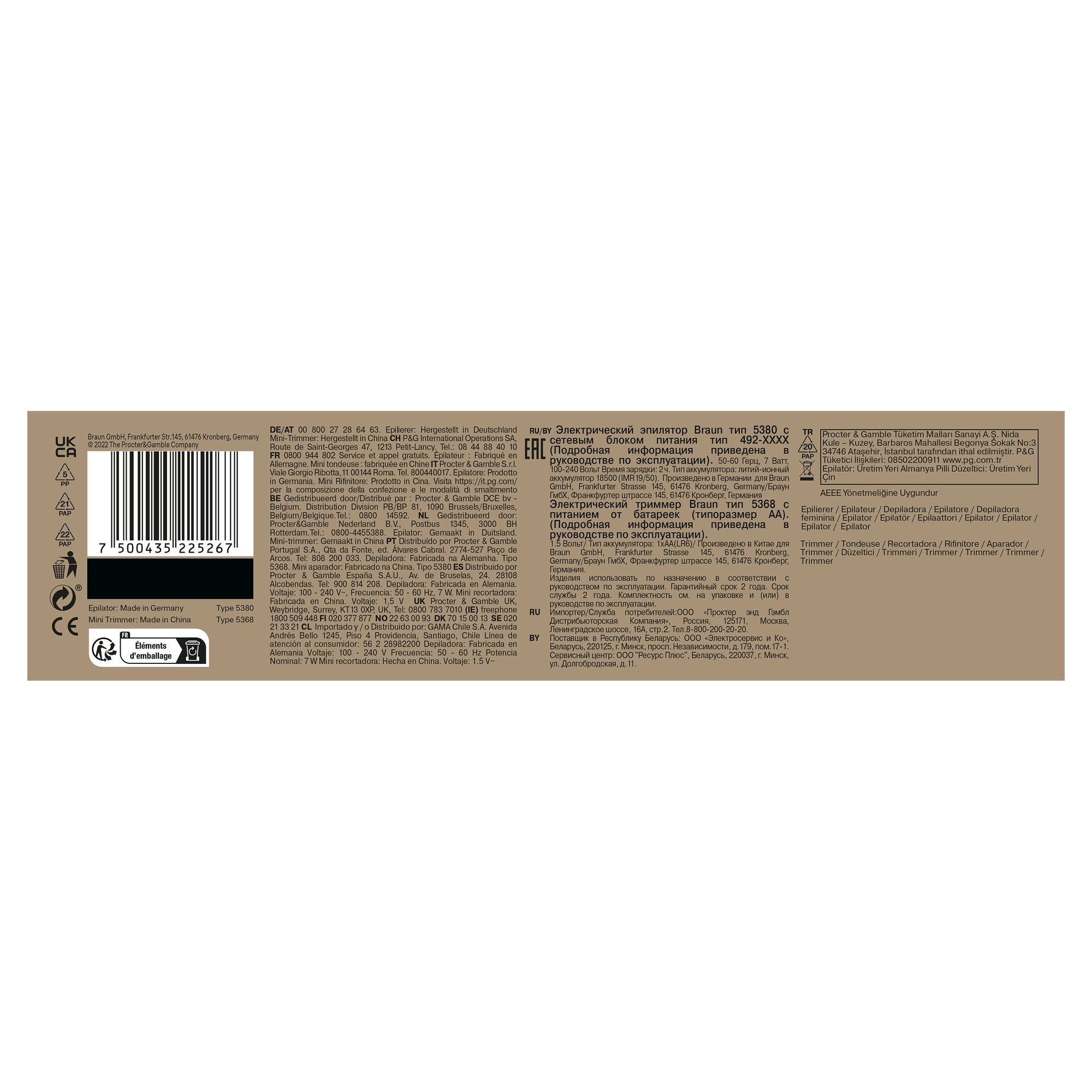 Braun Epilierer Typ 5380 Verpackung, hergestellt in Deutschland, und Braun Mini-Trimmer Typ 5368, hergestellt in China.