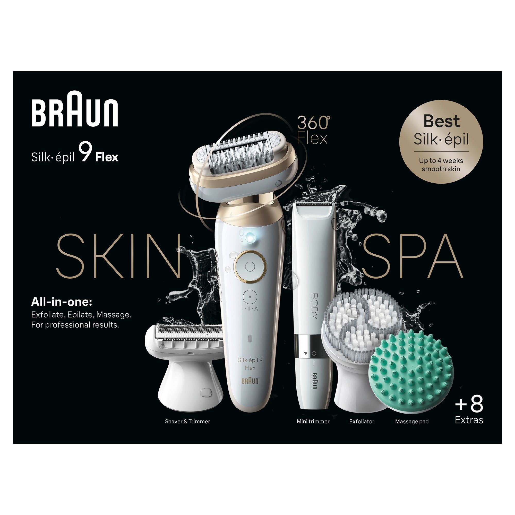 Braun Silk-épil 9 Flex Epilierer mit Verpackung und dem Hinweis auf bis zu 4 Wochen glatte Haut.