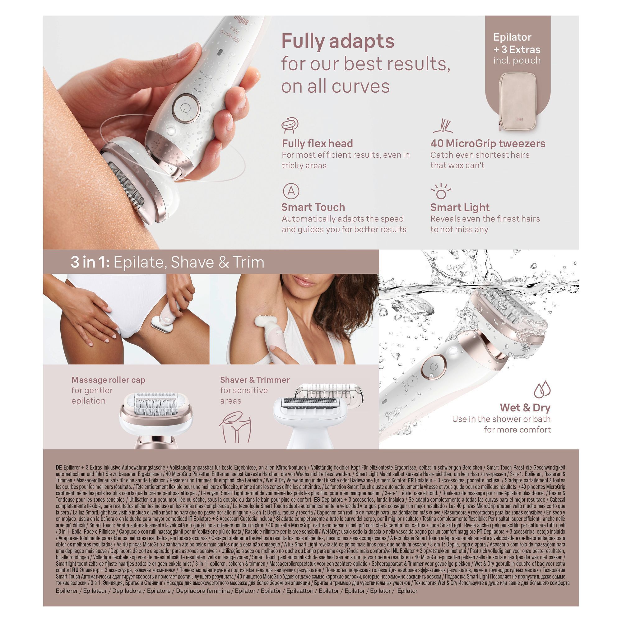Braun Epilierer mit Verpackung, der hervorhebt, dass er sich vollstÃ¤ndig an alle KÃ¶rperkonturen anpasst fÃ¼r beste Ergebnisse.